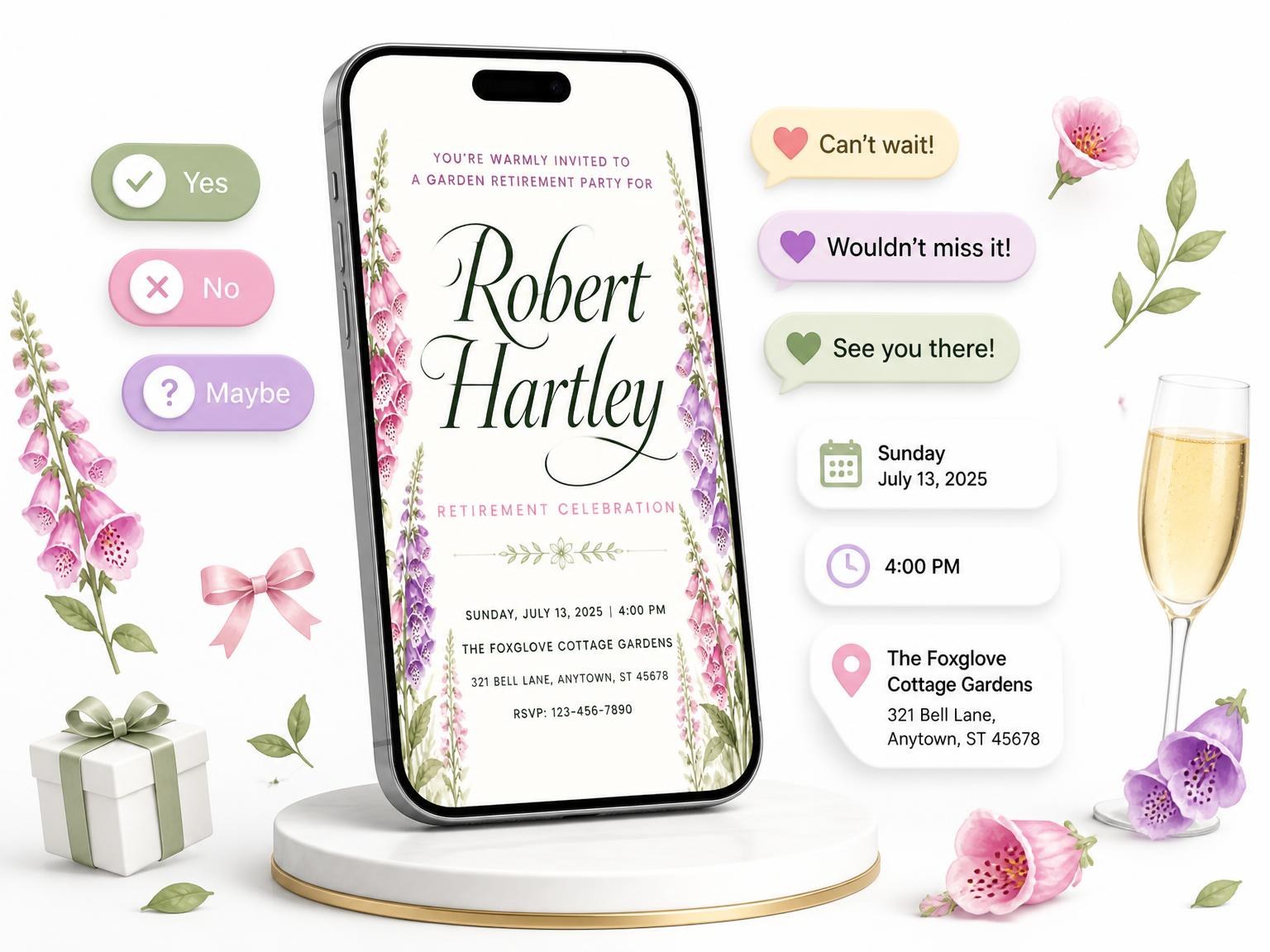 The Foxglove Floral Retirement Party Invitation invitation on a phone, with guest RSVPs arriving around it