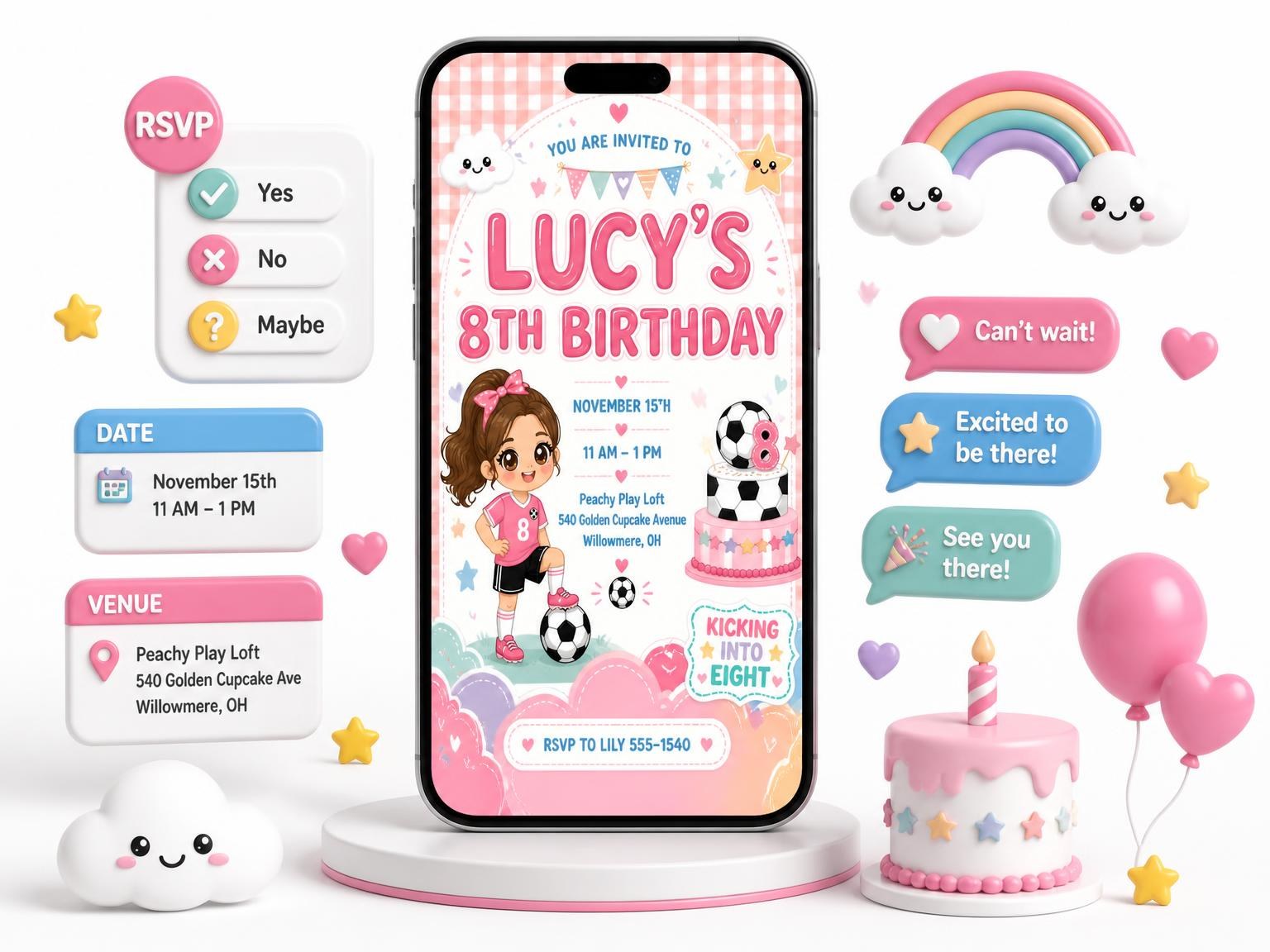The Soccer Cake Kawaii 8th Birthday Invitation invitation on a phone, with guest RSVPs arriving around it