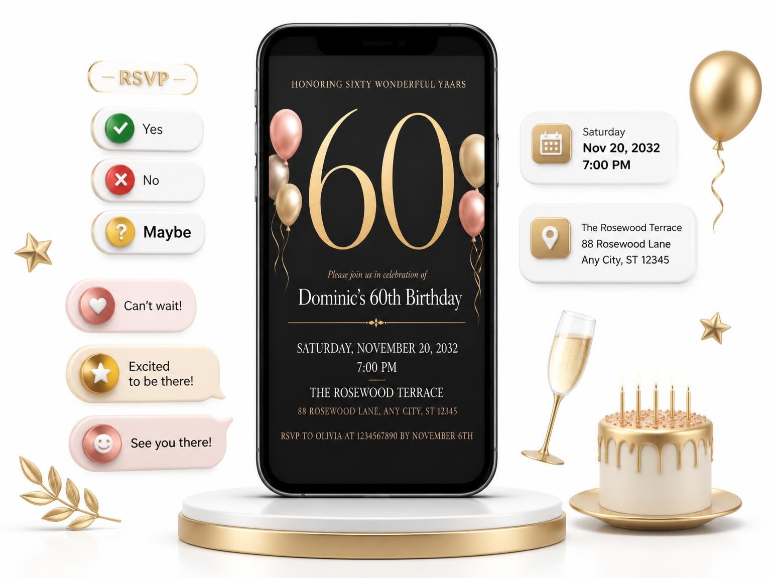 The Charcoal and Blush 60th Birthday Invitation invitation on a phone, with guest RSVPs arriving around it