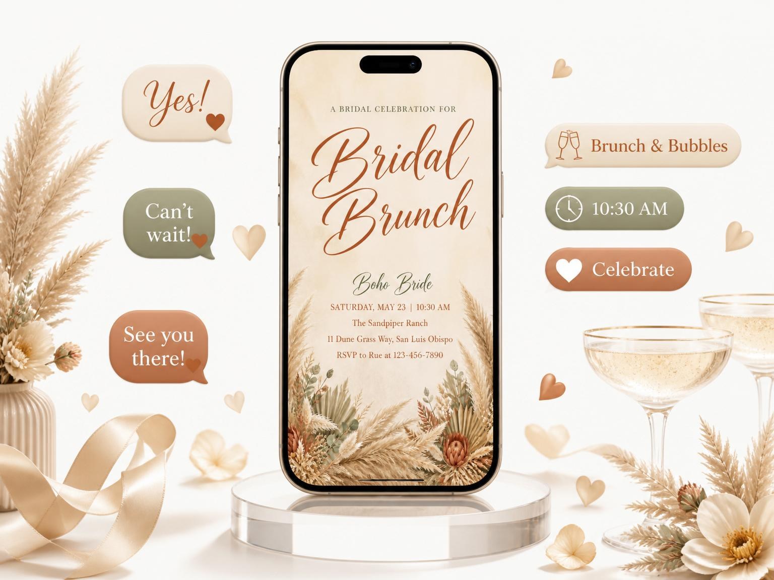The Parchment Pampas Grass Bridal Brunch invitation on a phone, with guest RSVPs arriving around it