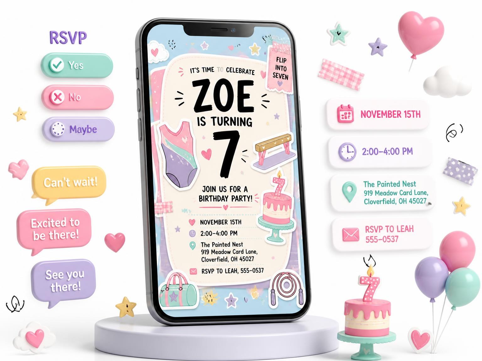 The Gymnastics Leotard 7th Birthday Invitation invitation on a phone, with guest RSVPs arriving around it