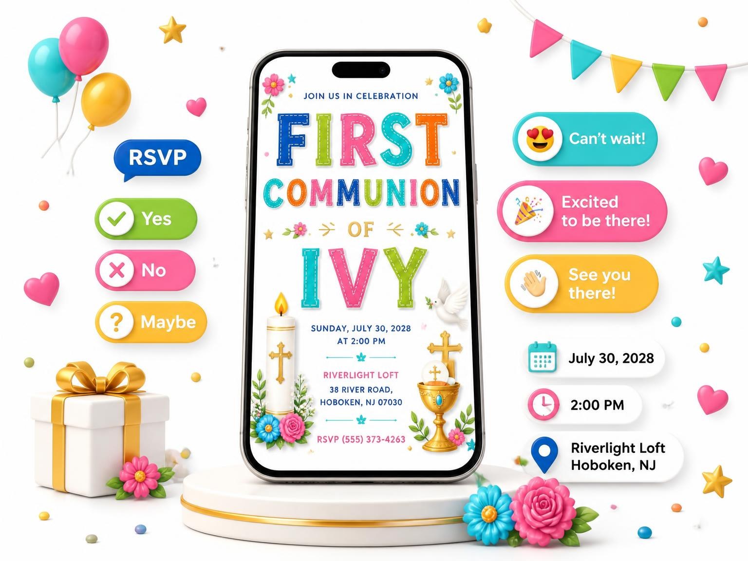 The Pink Candle First Communion Invitation invitation on a phone, with guest RSVPs arriving around it