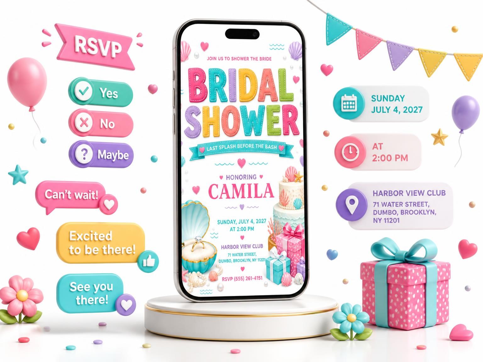 The Seashell Ring Bridal Shower Invitation invitation on a phone, with guest RSVPs arriving around it