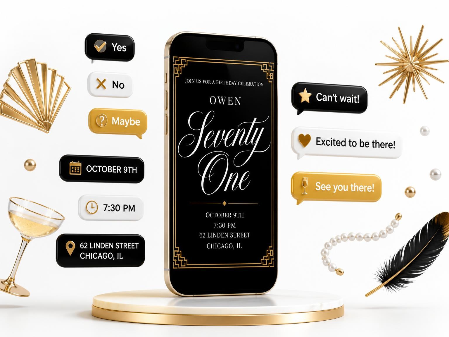 The Art Deco 71st Birthday Invitation invitation on a phone, with guest RSVPs arriving around it