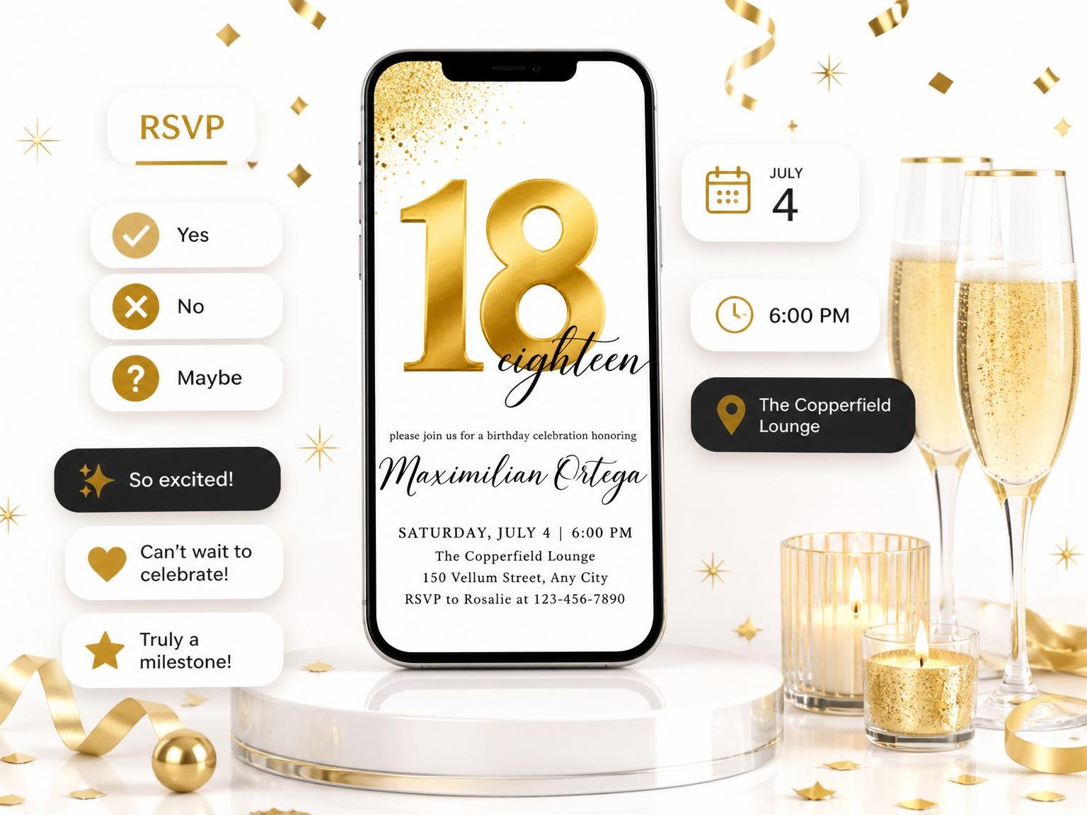 The Metallic Gold 18th Birthday Invitation invitation on a phone, with guest RSVPs arriving around it
