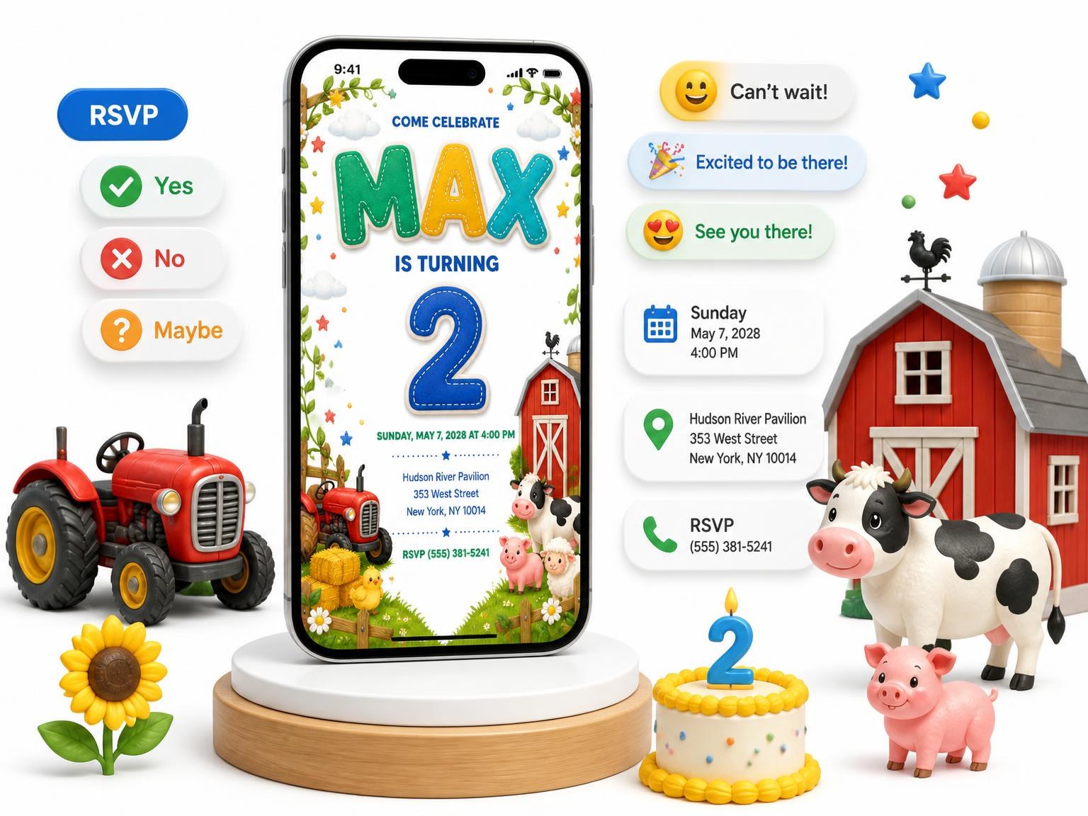 The Stitched Farm 2nd Birthday Invitation invitation on a phone, with guest RSVPs arriving around it