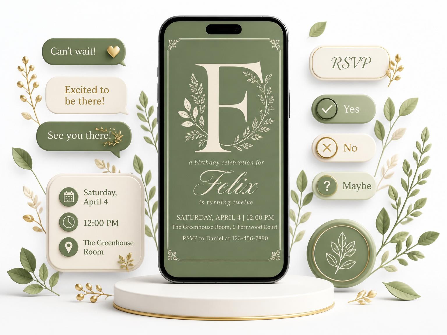 The Sage Green Botanical Initial 12th Birthday invitation on a phone, with guest RSVPs arriving around it