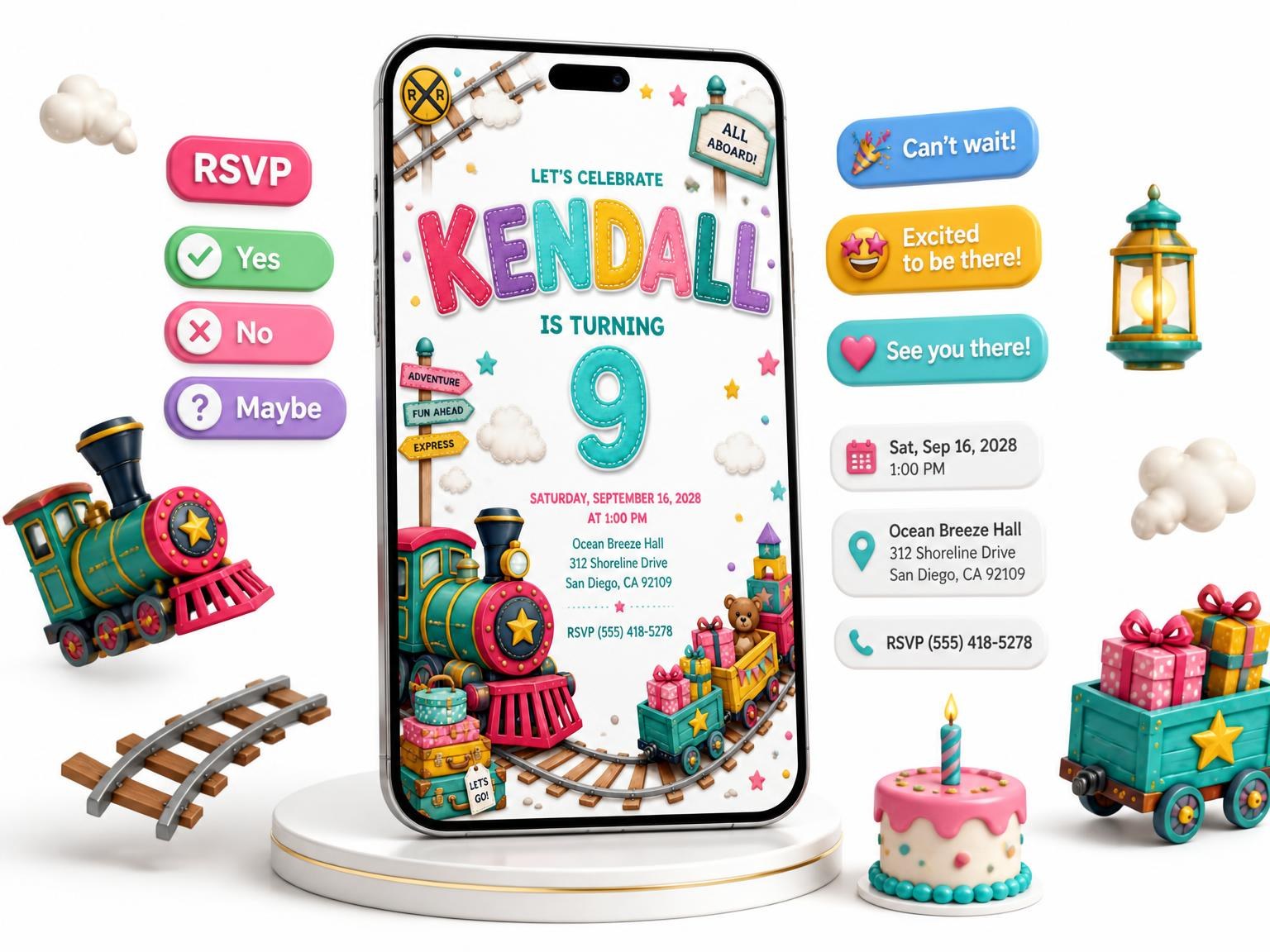 The Stitched Train 9th Birthday Invitation invitation on a phone, with guest RSVPs arriving around it