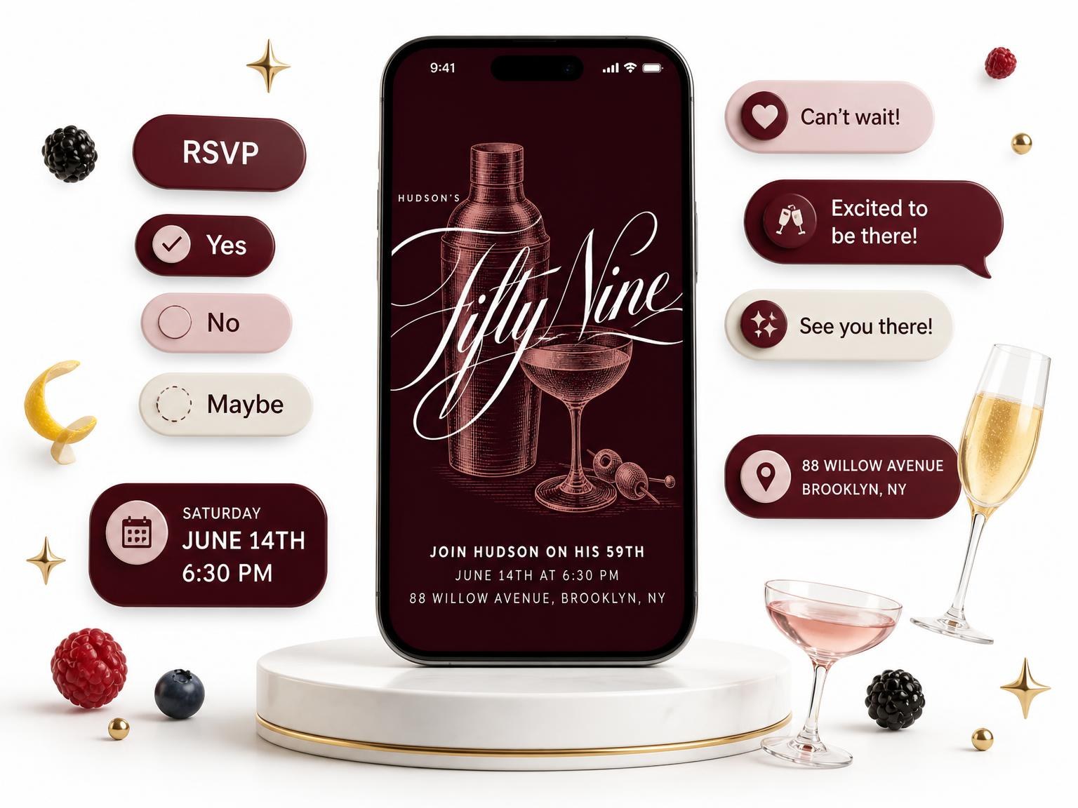 The Burgundy Cocktail 59th Birthday Invitation invitation on a phone, with guest RSVPs arriving around it
