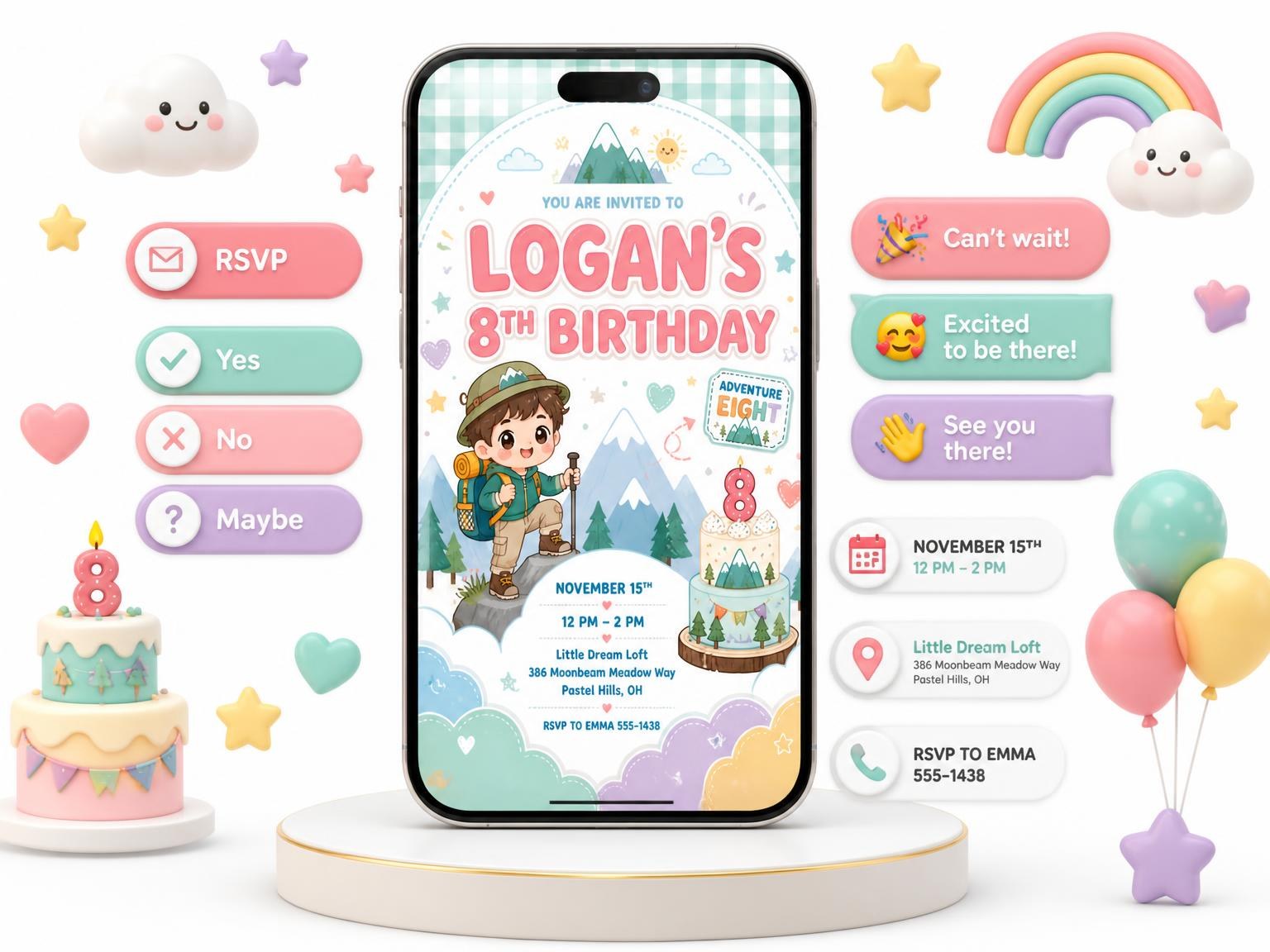 The Hiker Kawaii Pastel 8th Birthday Invitation invitation on a phone, with guest RSVPs arriving around it