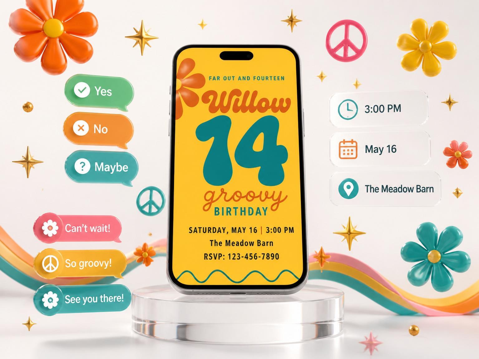 The Retro Daisy 14th Birthday Invitation invitation on a phone, with guest RSVPs arriving around it