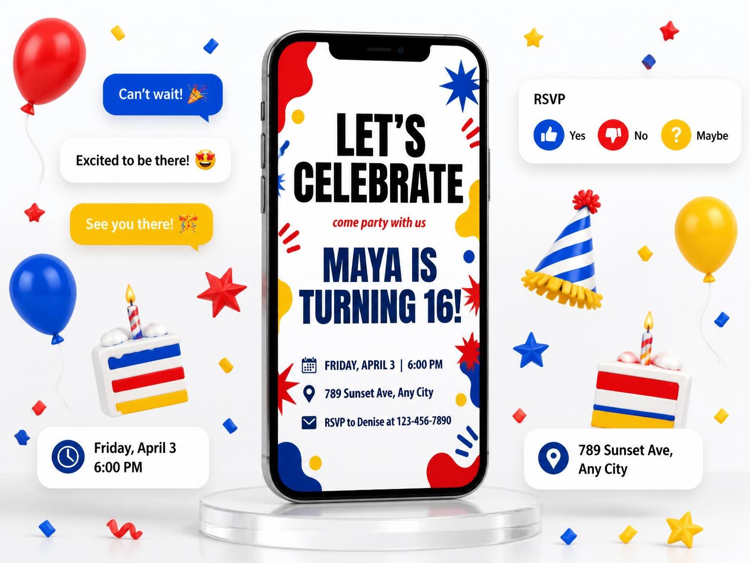 The Primary Color Abstract Birthday Invitation invitation on a phone, with guest RSVPs arriving around it