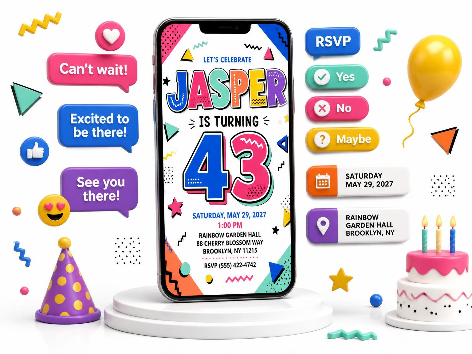 The Memphis Pop 43rd Birthday Invitation invitation on a phone, with guest RSVPs arriving around it
