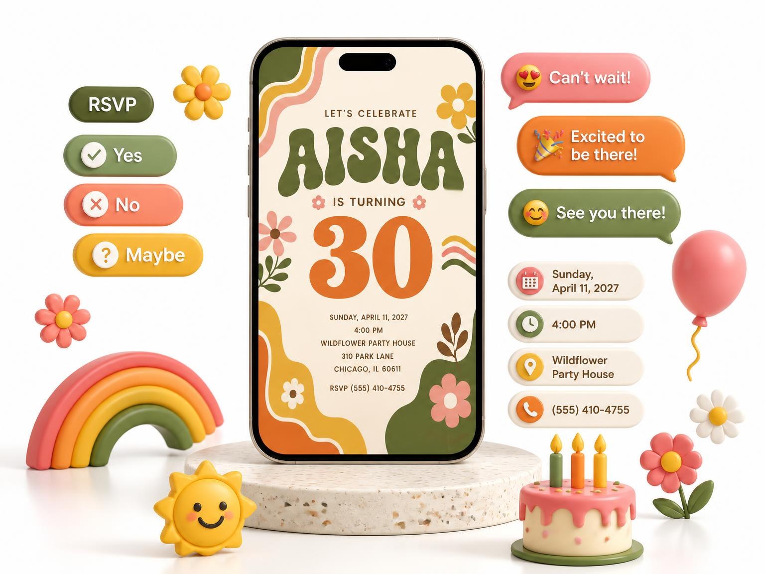 The Groovy Retro 30th Birthday Invitation invitation on a phone, with guest RSVPs arriving around it