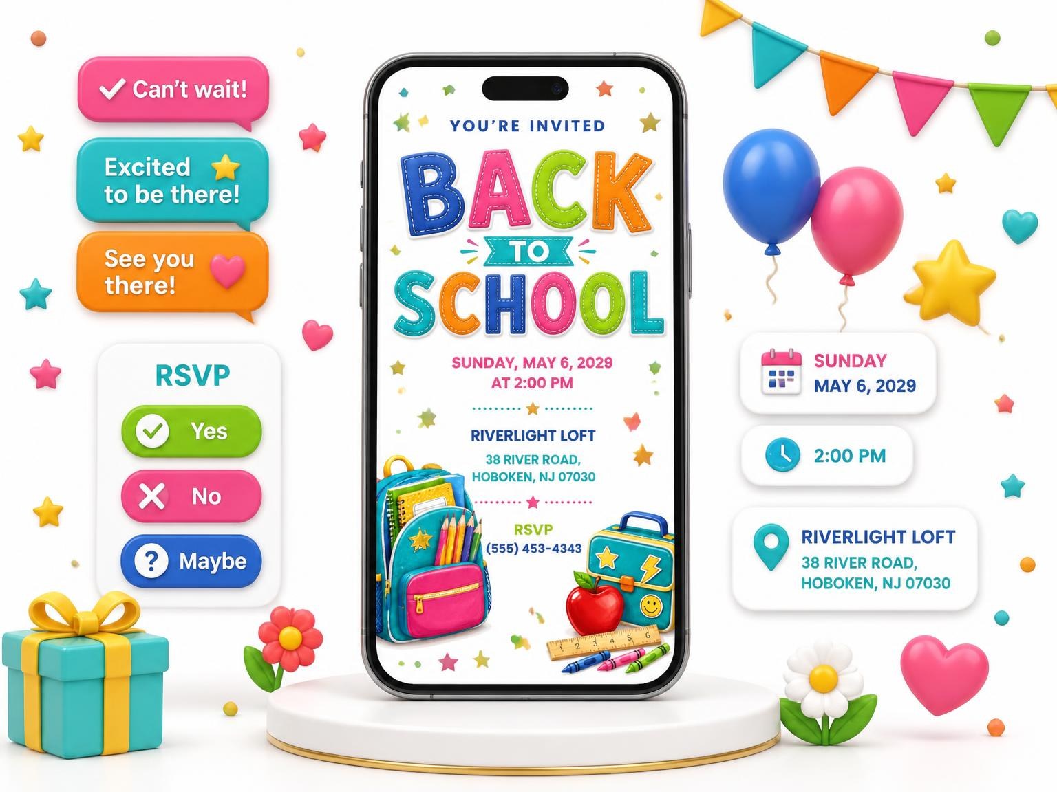 The Filled Backpack Back to School Invitation invitation on a phone, with guest RSVPs arriving around it