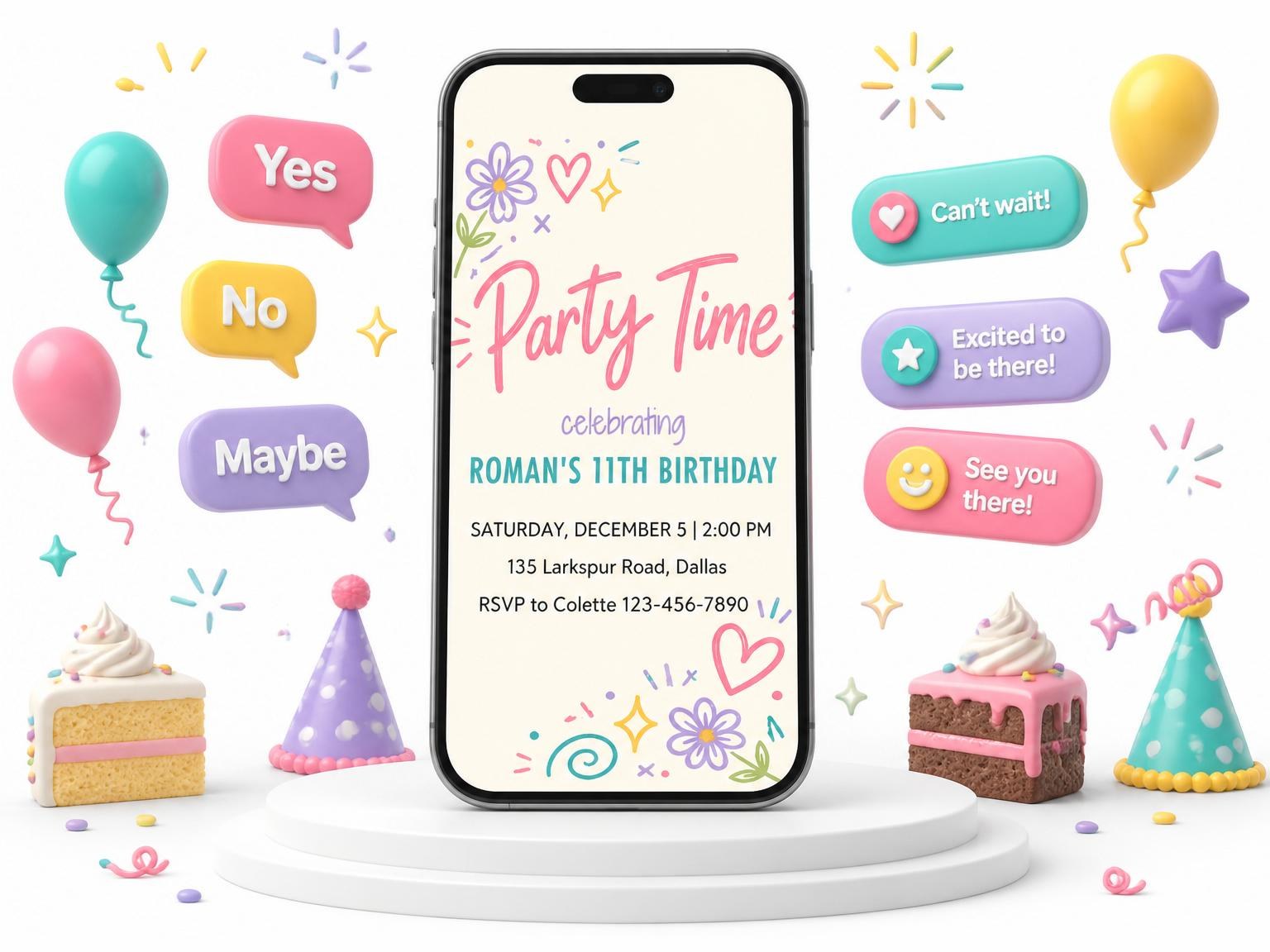 The Cream Doodle Pastel 11th Birthday Invitation invitation on a phone, with guest RSVPs arriving around it