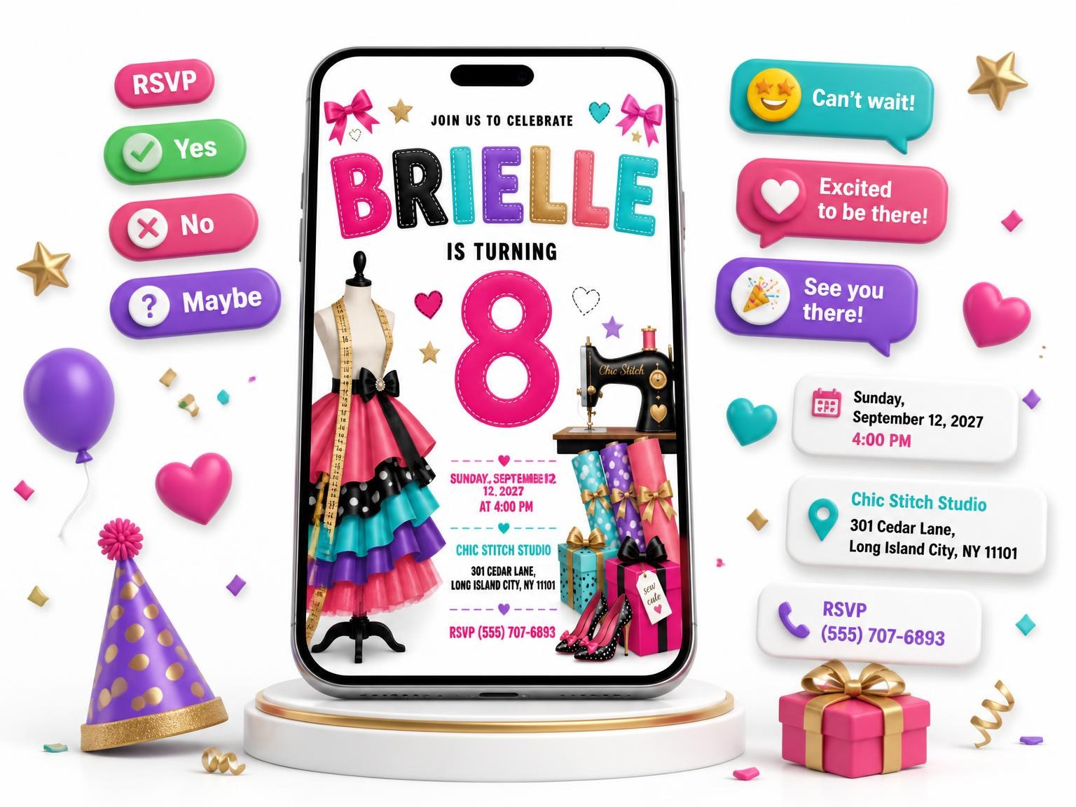 The Boutique Props Stitched 8th Birthday Invitation invitation on a phone, with guest RSVPs arriving around it