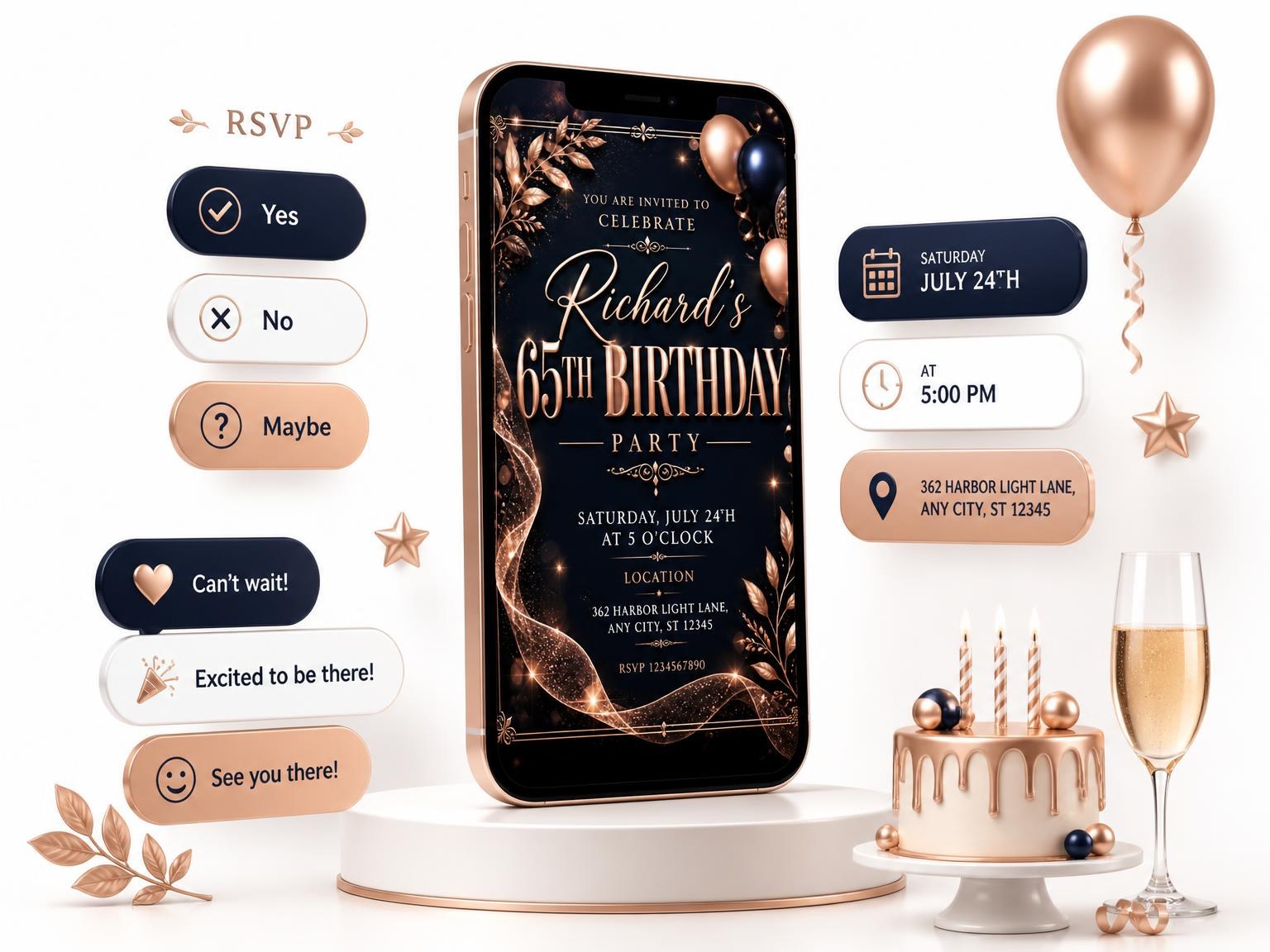 The Navy and Rose Gold 65th Birthday Invitation invitation on a phone, with guest RSVPs arriving around it