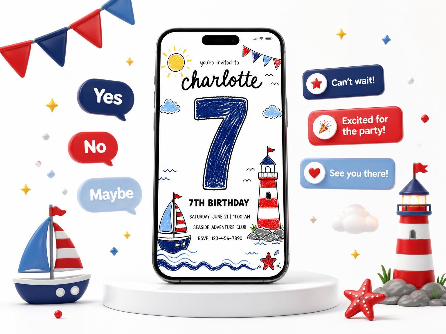 The Crayon Nautical Motif 7th Birthday invitation on a phone, with guest RSVPs arriving around it