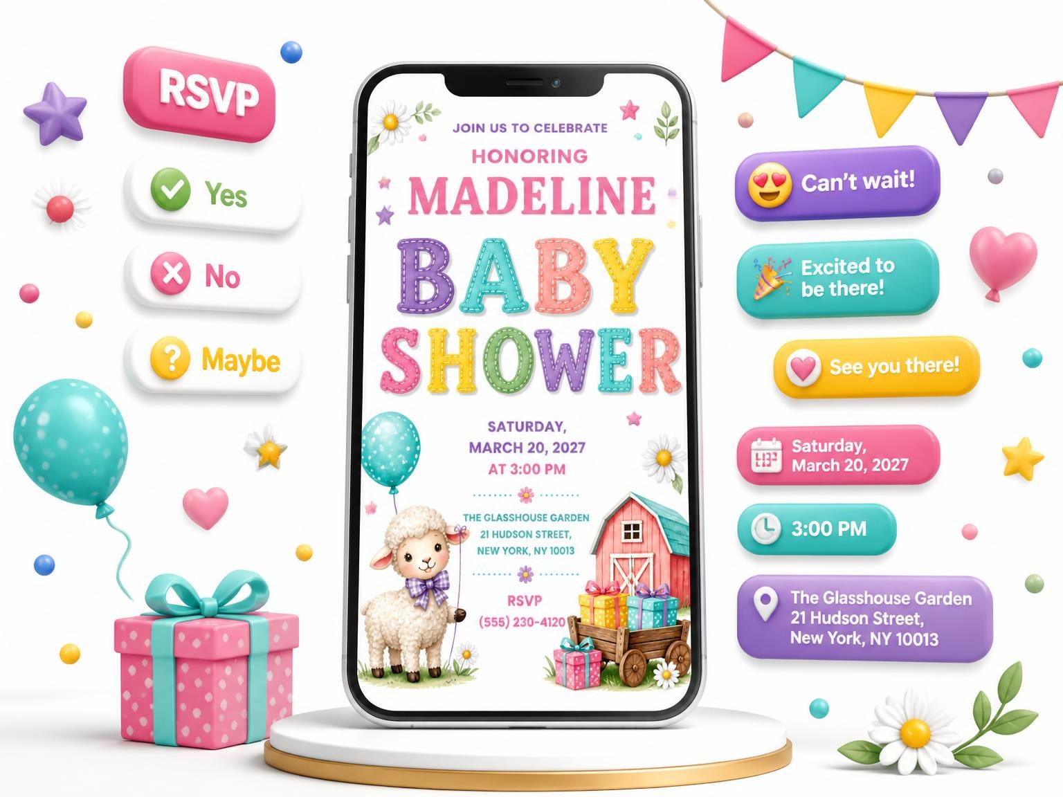 The Barn Wagon Baby Shower Invitation invitation on a phone, with guest RSVPs arriving around it