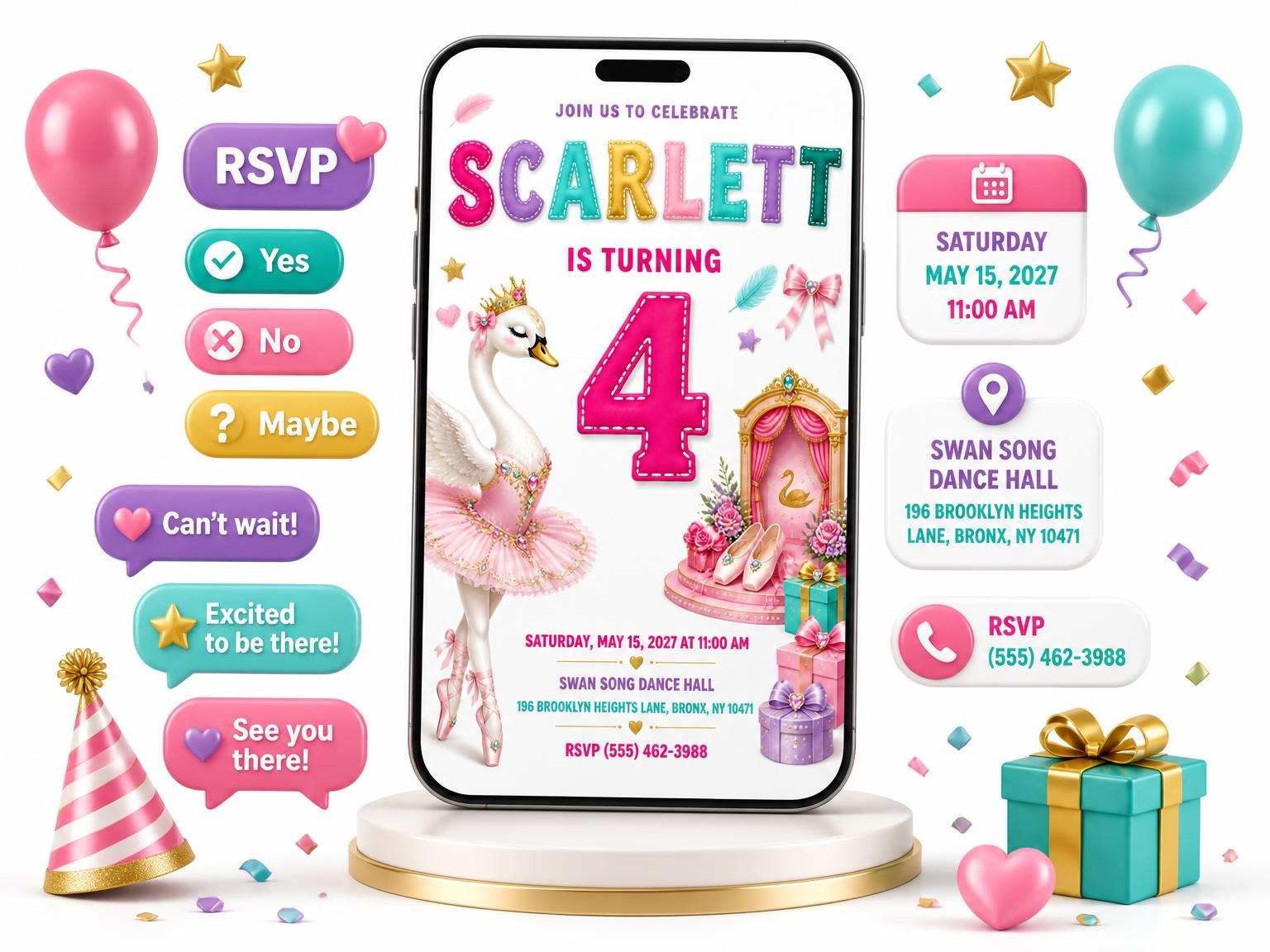 The Golden Stage Stitched 4th Birthday Invitation invitation on a phone, with guest RSVPs arriving around it