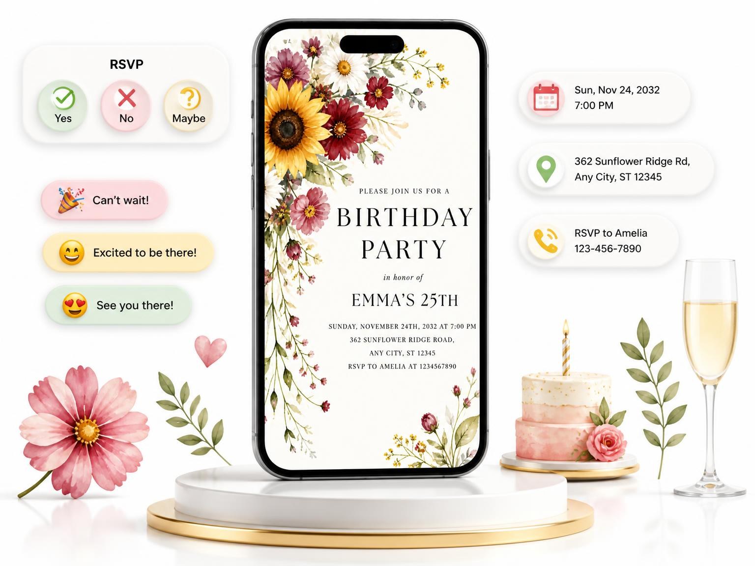 The Floral Bouquet Scarlet 25th Birthday Invitation invitation on a phone, with guest RSVPs arriving around it