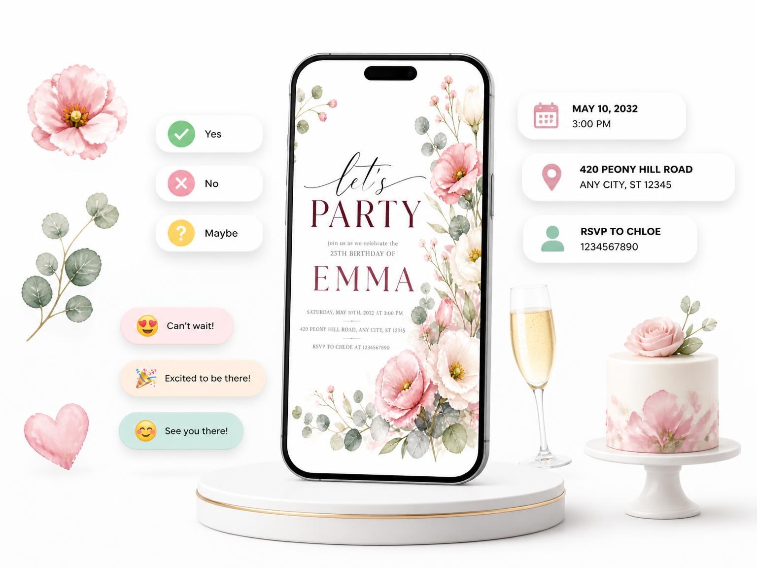 The Floral Bouquet Blush 25th Birthday Invitation invitation on a phone, with guest RSVPs arriving around it