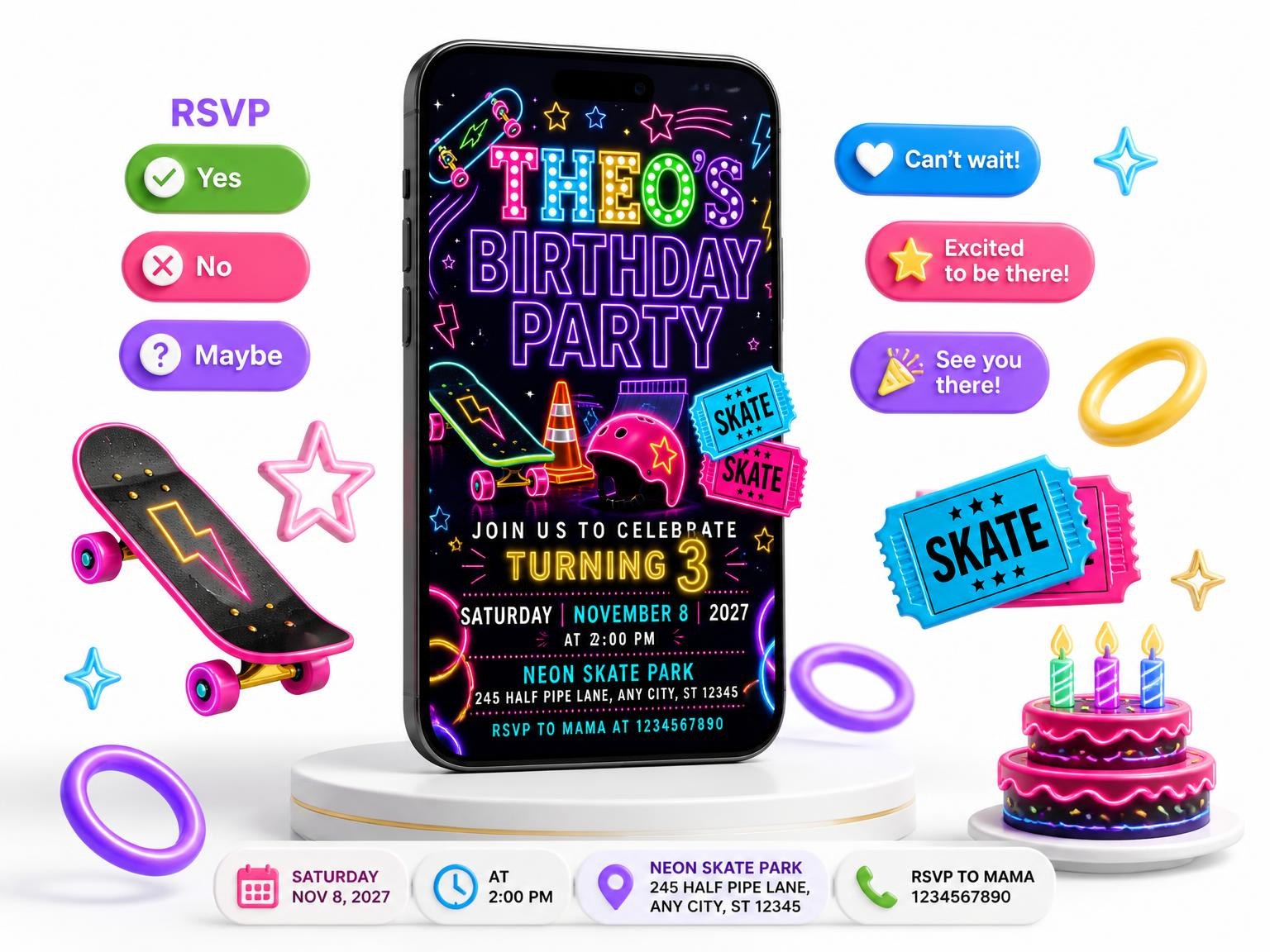 The Neon Skateboard 3rd Birthday Invitation invitation on a phone, with guest RSVPs arriving around it