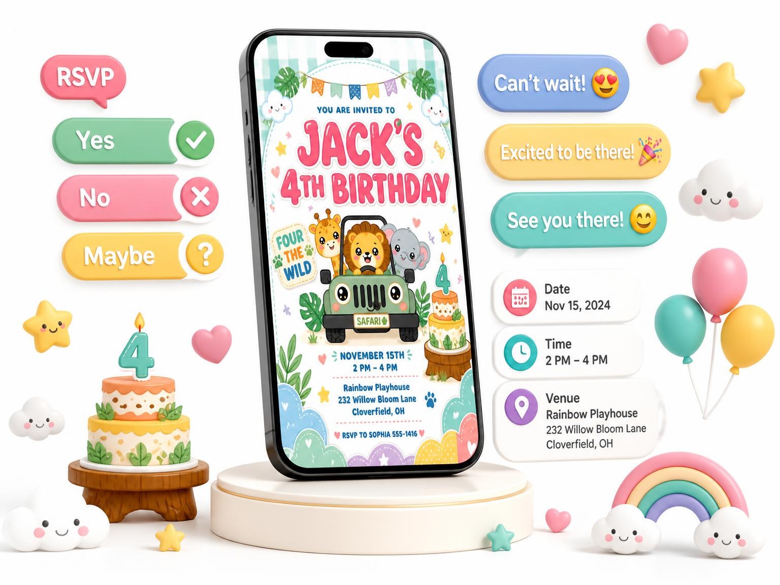 The Kawaii Safari Jeep 4th Birthday Invitation invitation on a phone, with guest RSVPs arriving around it