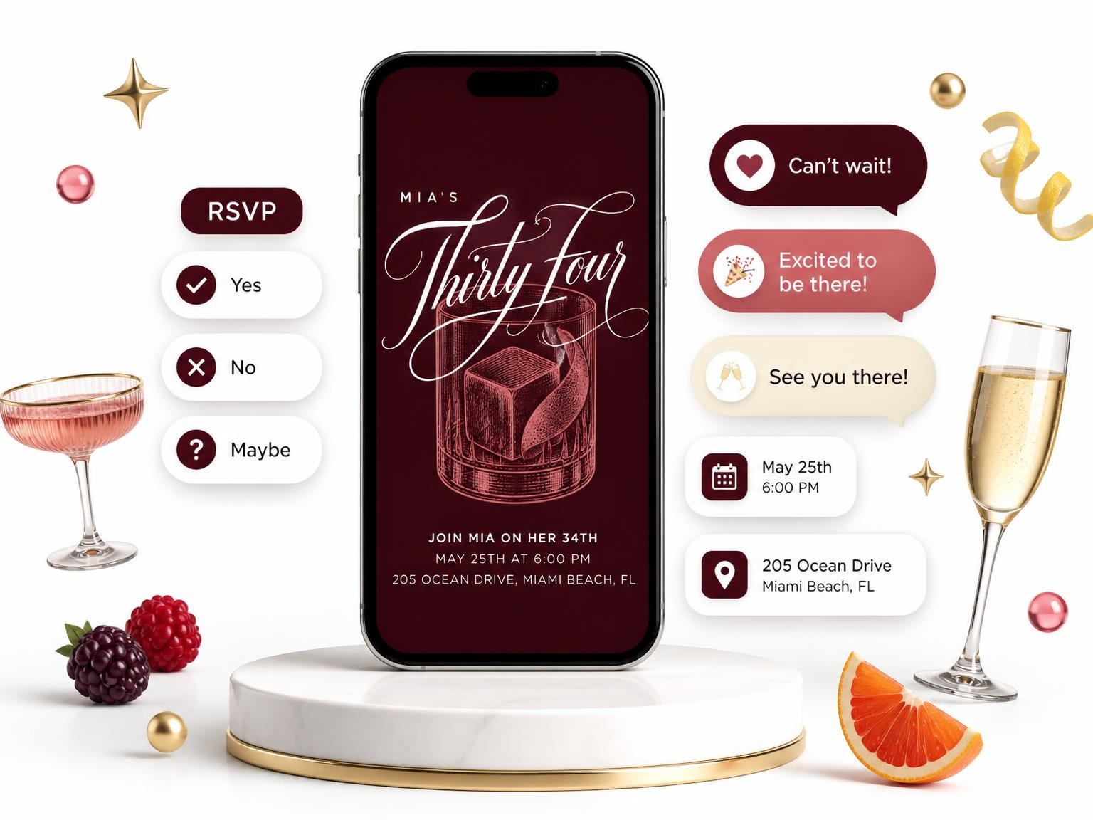 The Burgundy Cocktail 34th Birthday Invitation invitation on a phone, with guest RSVPs arriving around it