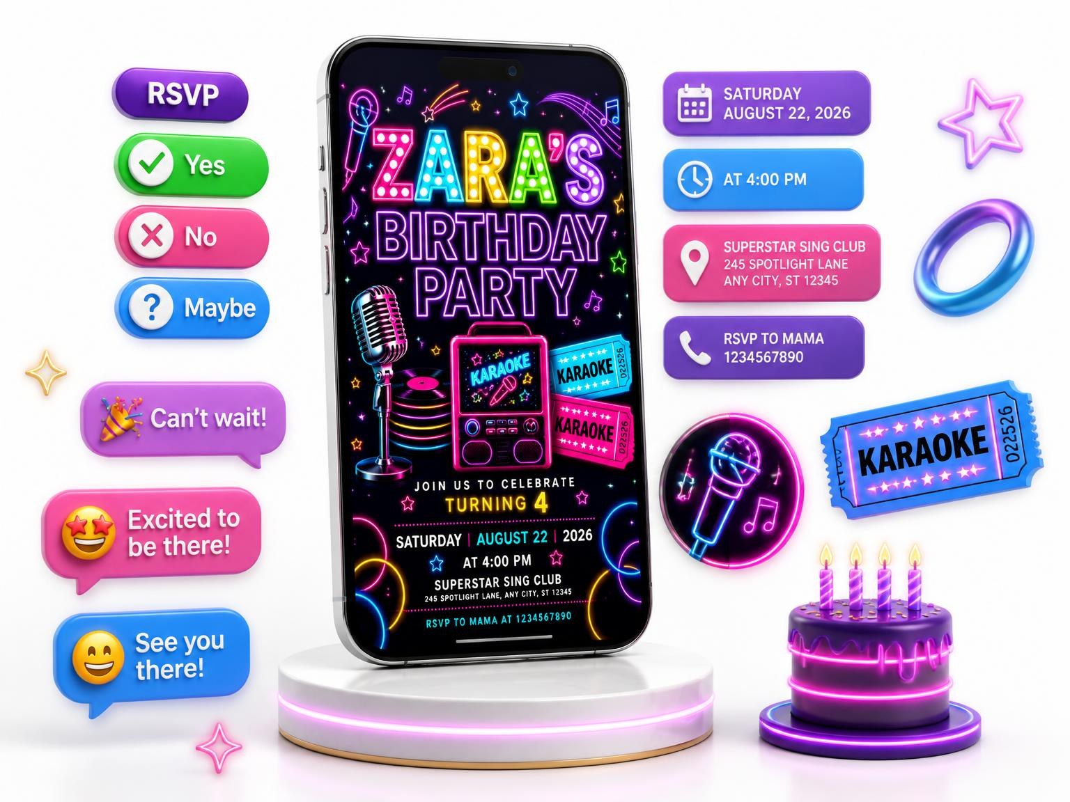 The Neon Karaoke 4th Birthday Invitation invitation on a phone, with guest RSVPs arriving around it