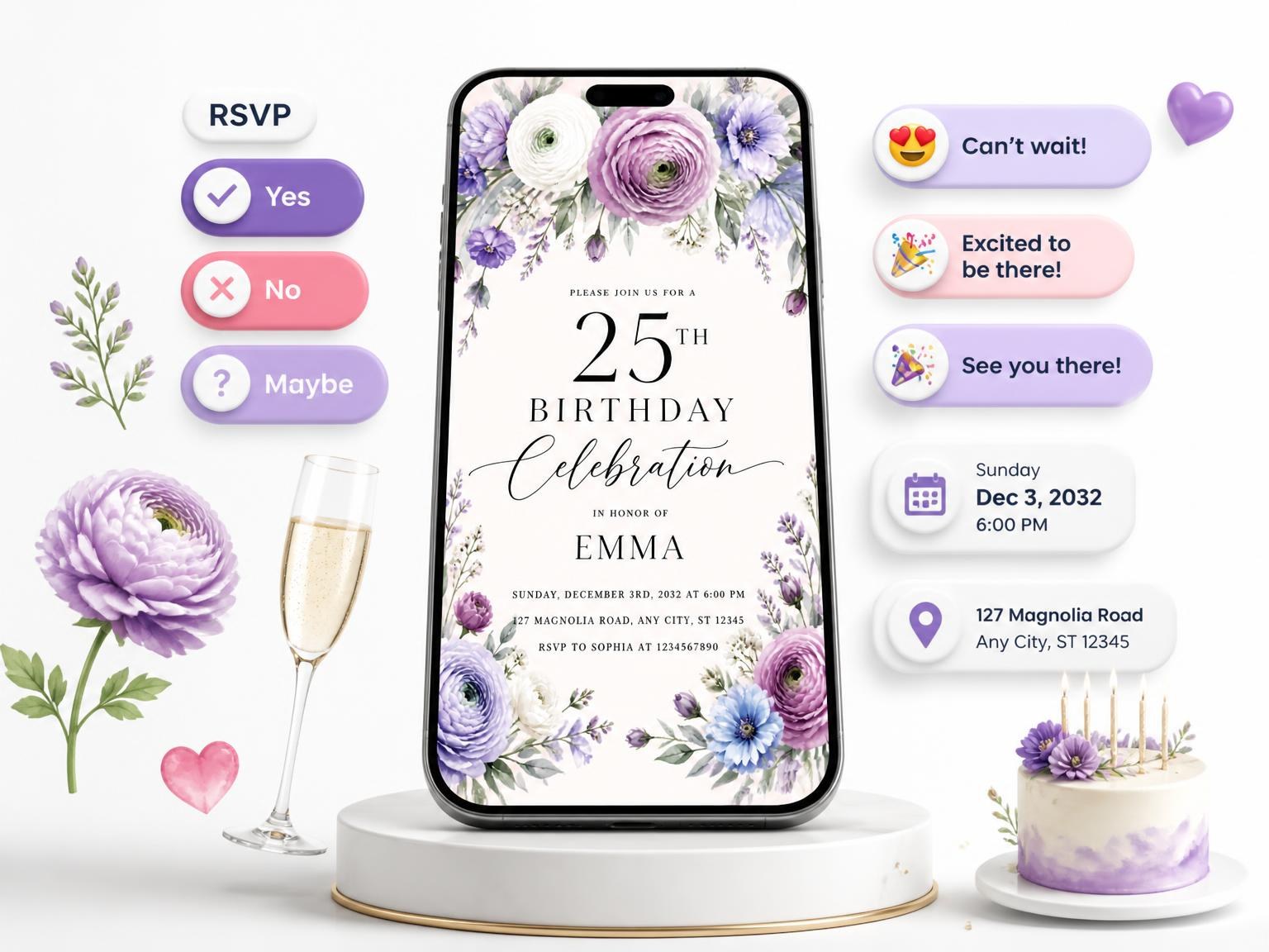The Floral Garden Lavender 25th Birthday Invitation invitation on a phone, with guest RSVPs arriving around it