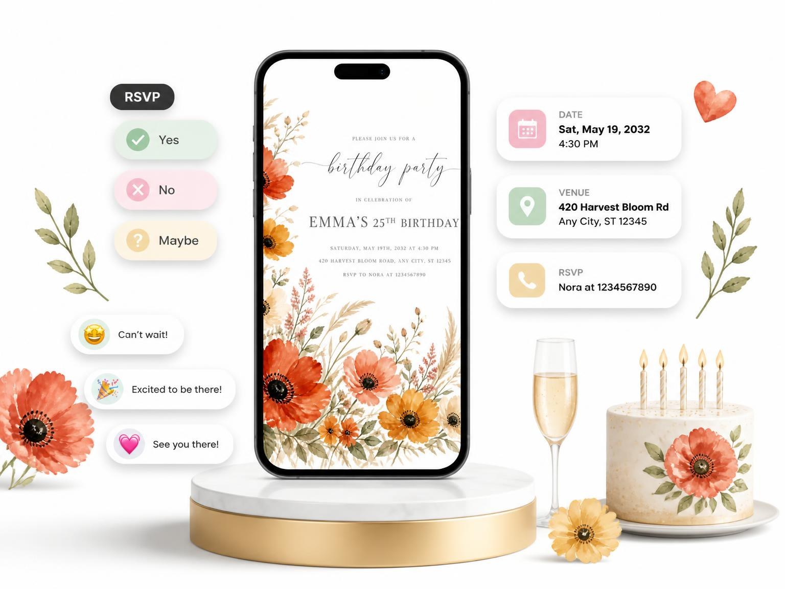 The Terracotta Meadow Florals 25th Birthday Invitation invitation on a phone, with guest RSVPs arriving around it