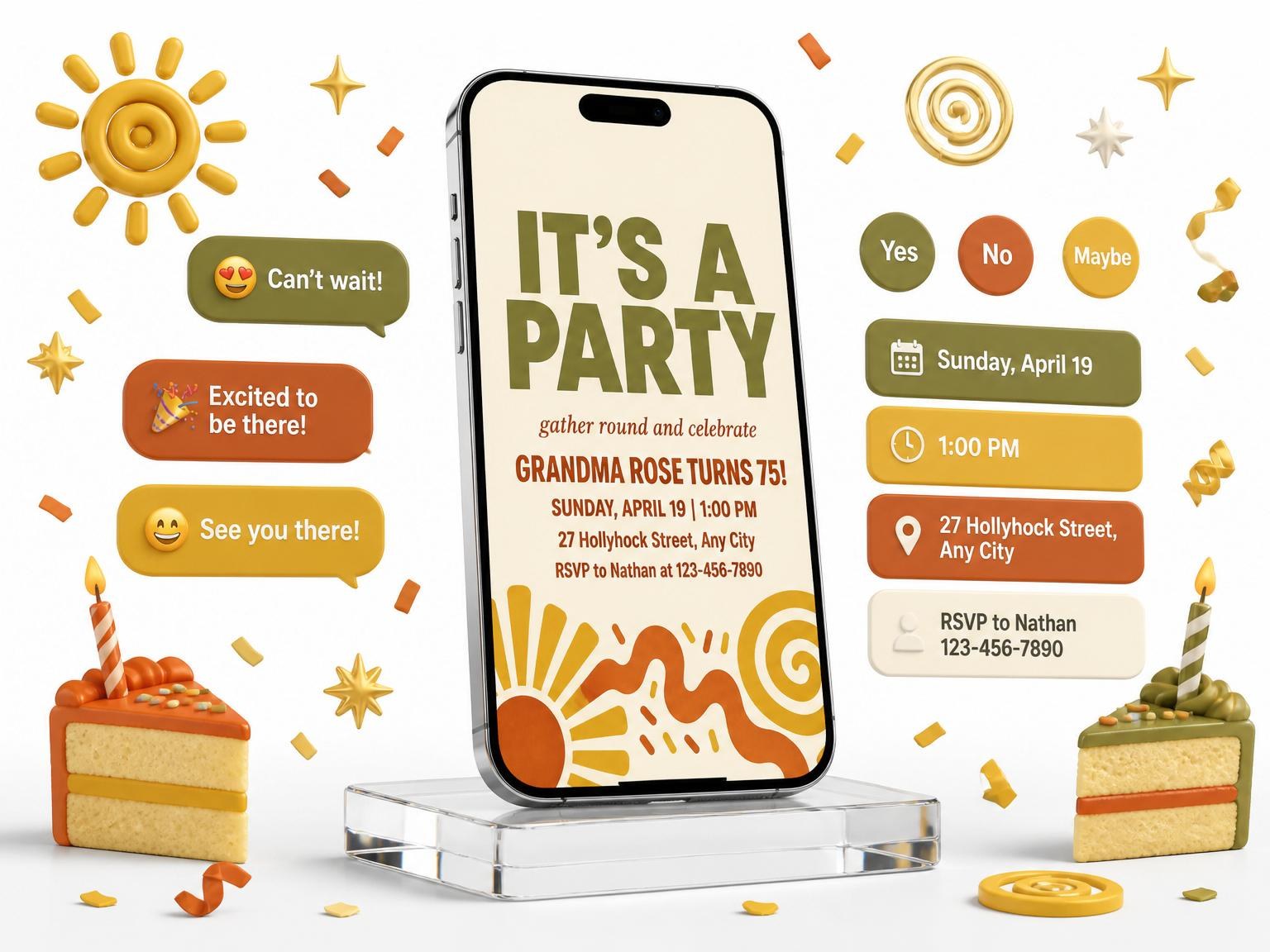 The Retro Sun Geometric 75th Birthday invitation on a phone, with guest RSVPs arriving around it