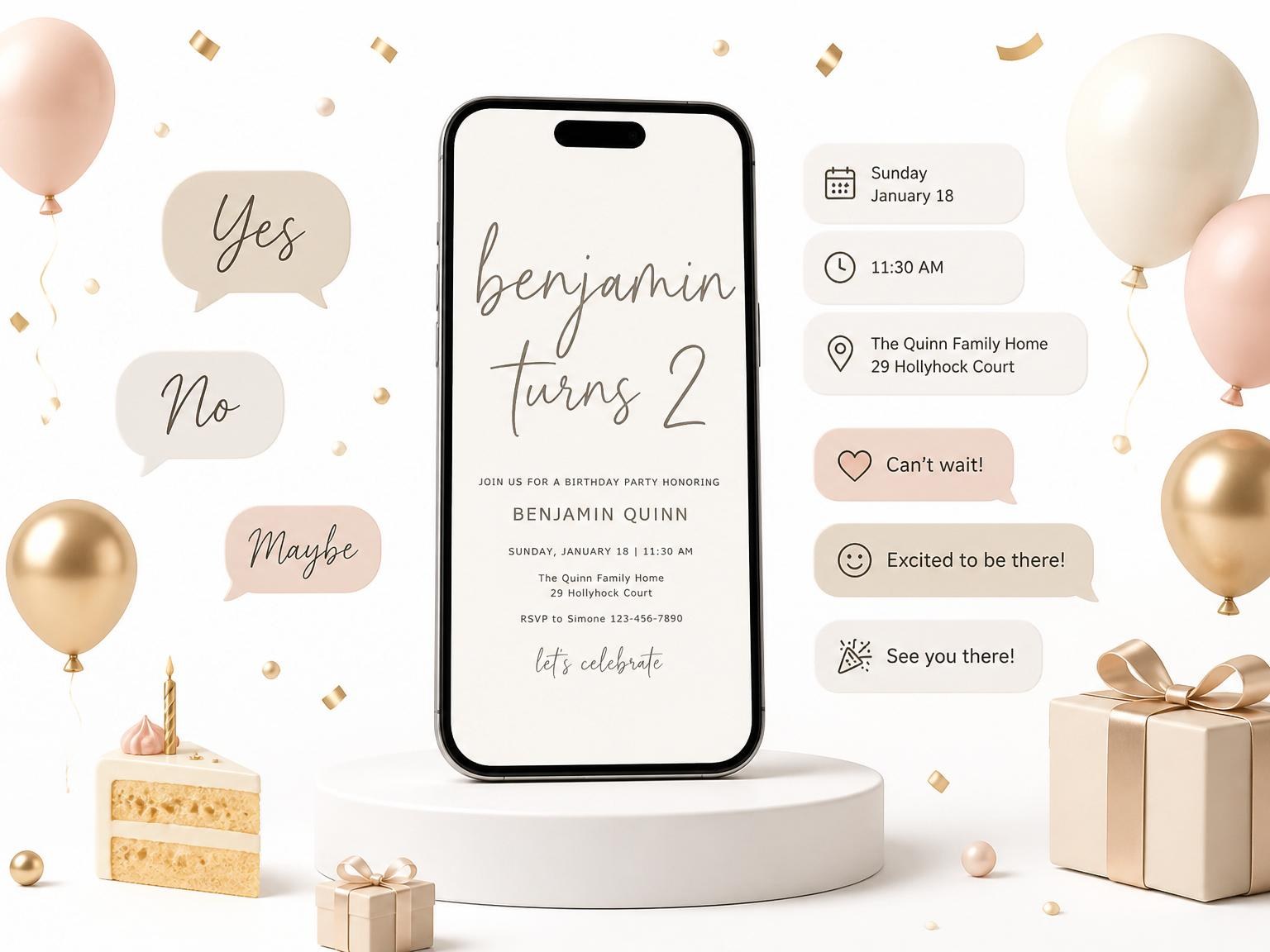 The Cream Brown Script 2nd Birthday Invitation invitation on a phone, with guest RSVPs arriving around it