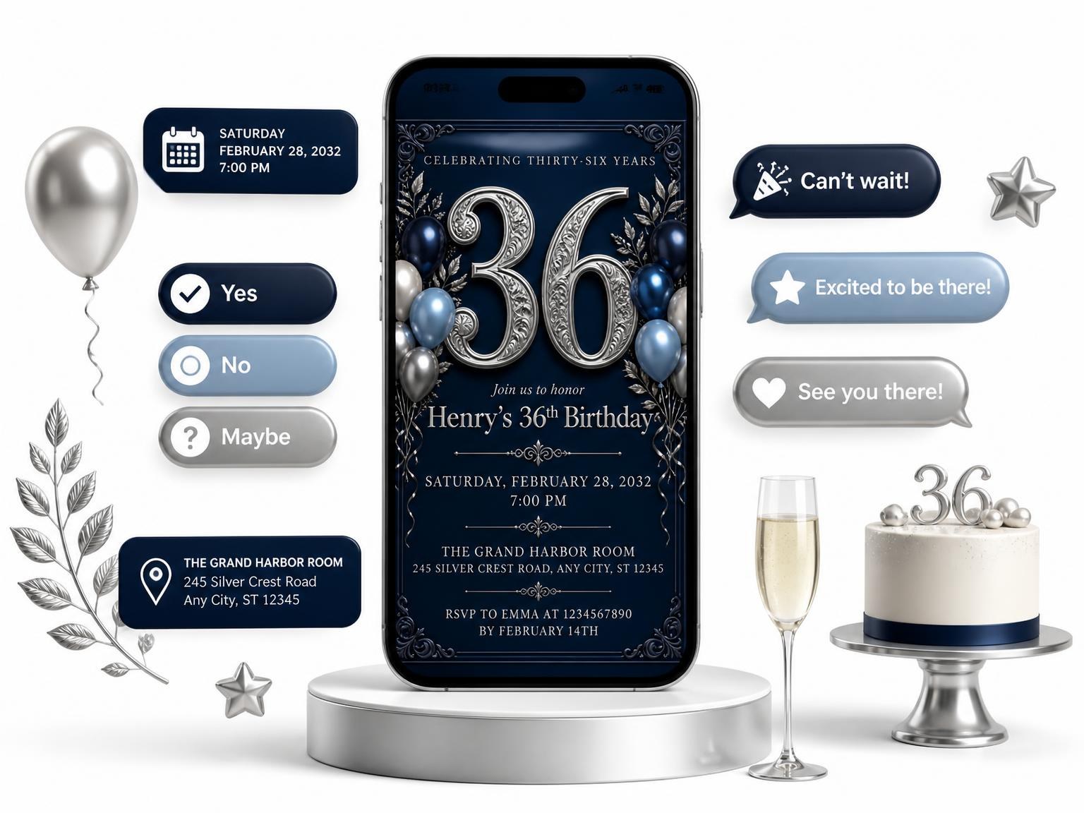 The Navy and Silver 36th Birthday Invitation invitation on a phone, with guest RSVPs arriving around it
