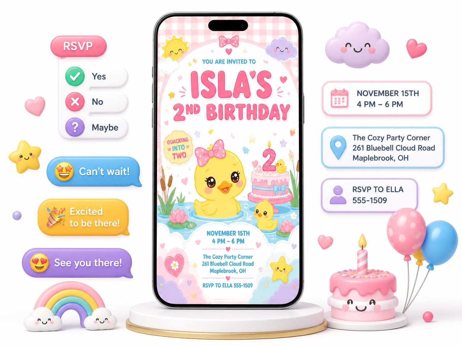 The Baby Duckling Kawaii 2nd Birthday Invitation invitation on a phone, with guest RSVPs arriving around it