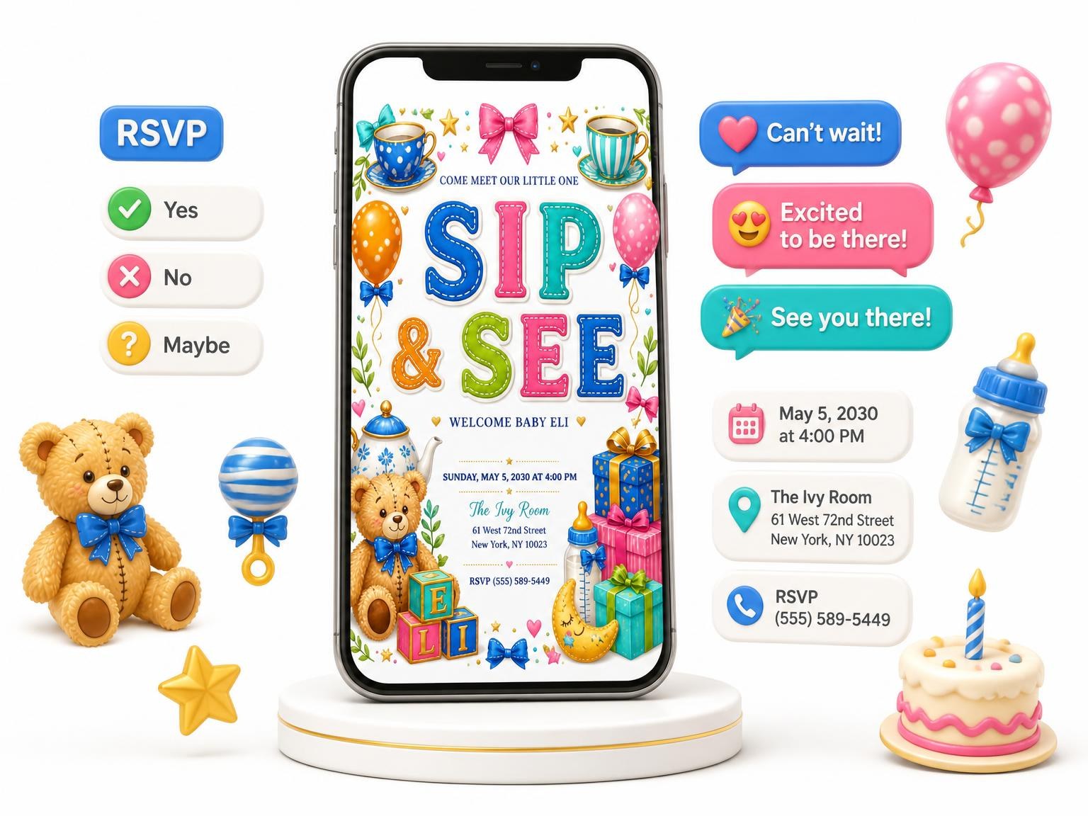 The Polka Sip & See Invitation invitation on a phone, with guest RSVPs arriving around it