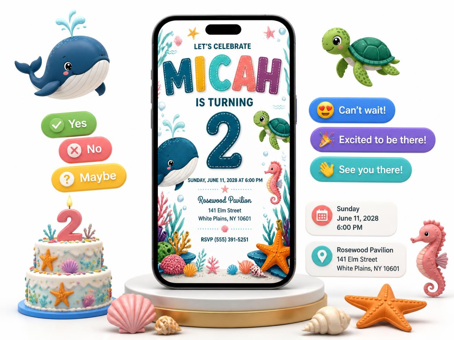 The Stitched Under the Sea 2nd Birthday Invitation invitation on a phone, with guest RSVPs arriving around it