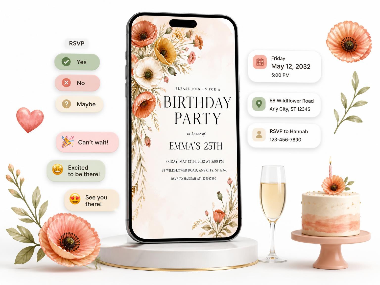 The Terracotta Wildflower Sprig 25th Birthday Invitation invitation on a phone, with guest RSVPs arriving around it