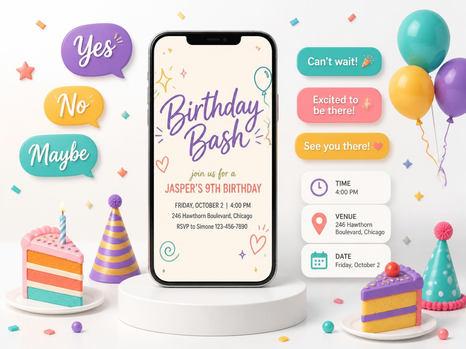 The Colorful Doodle Motif 9th Birthday invitation on a phone, with guest RSVPs arriving around it