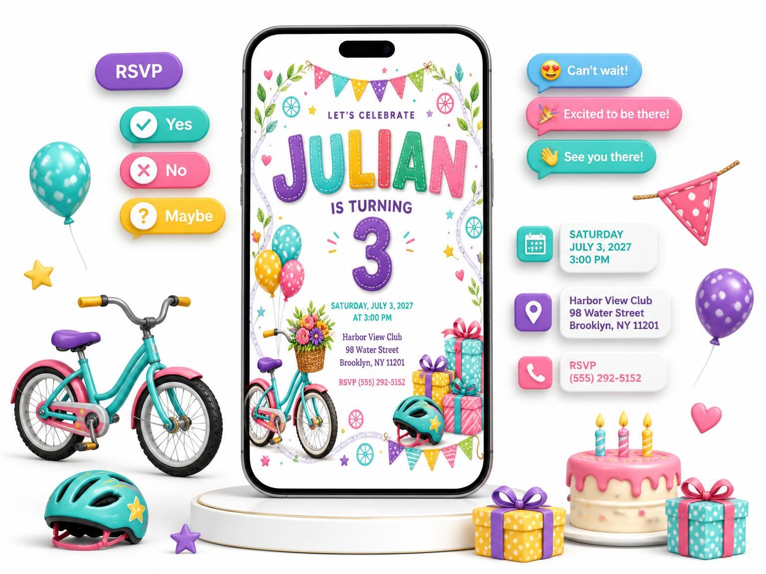 The Stitched Bike Ride 3rd Birthday Invitation invitation on a phone, with guest RSVPs arriving around it