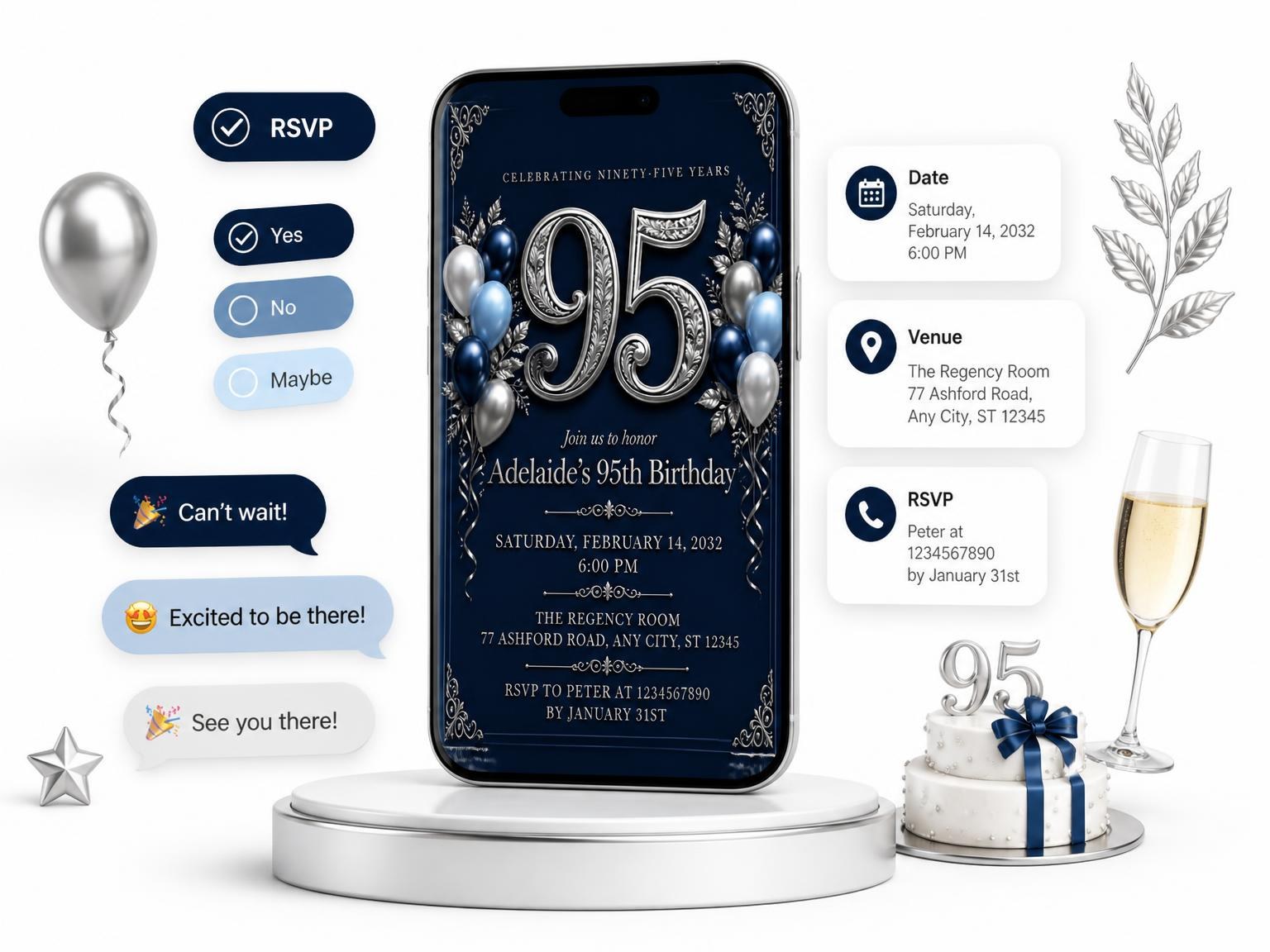 The Navy and Silver 95th Birthday Invitation invitation on a phone, with guest RSVPs arriving around it