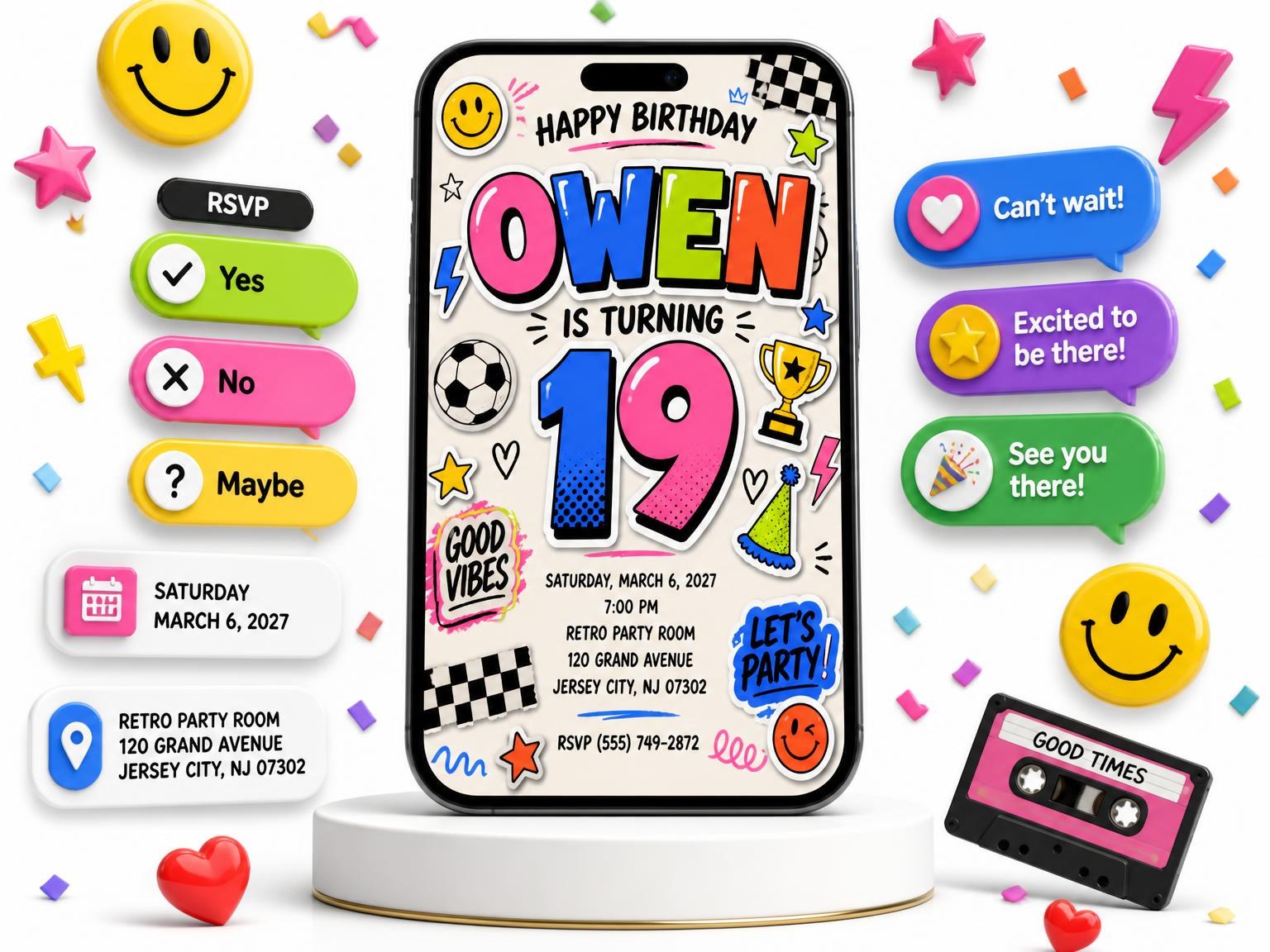The Sticker Pop 19th Birthday Invitation invitation on a phone, with guest RSVPs arriving around it