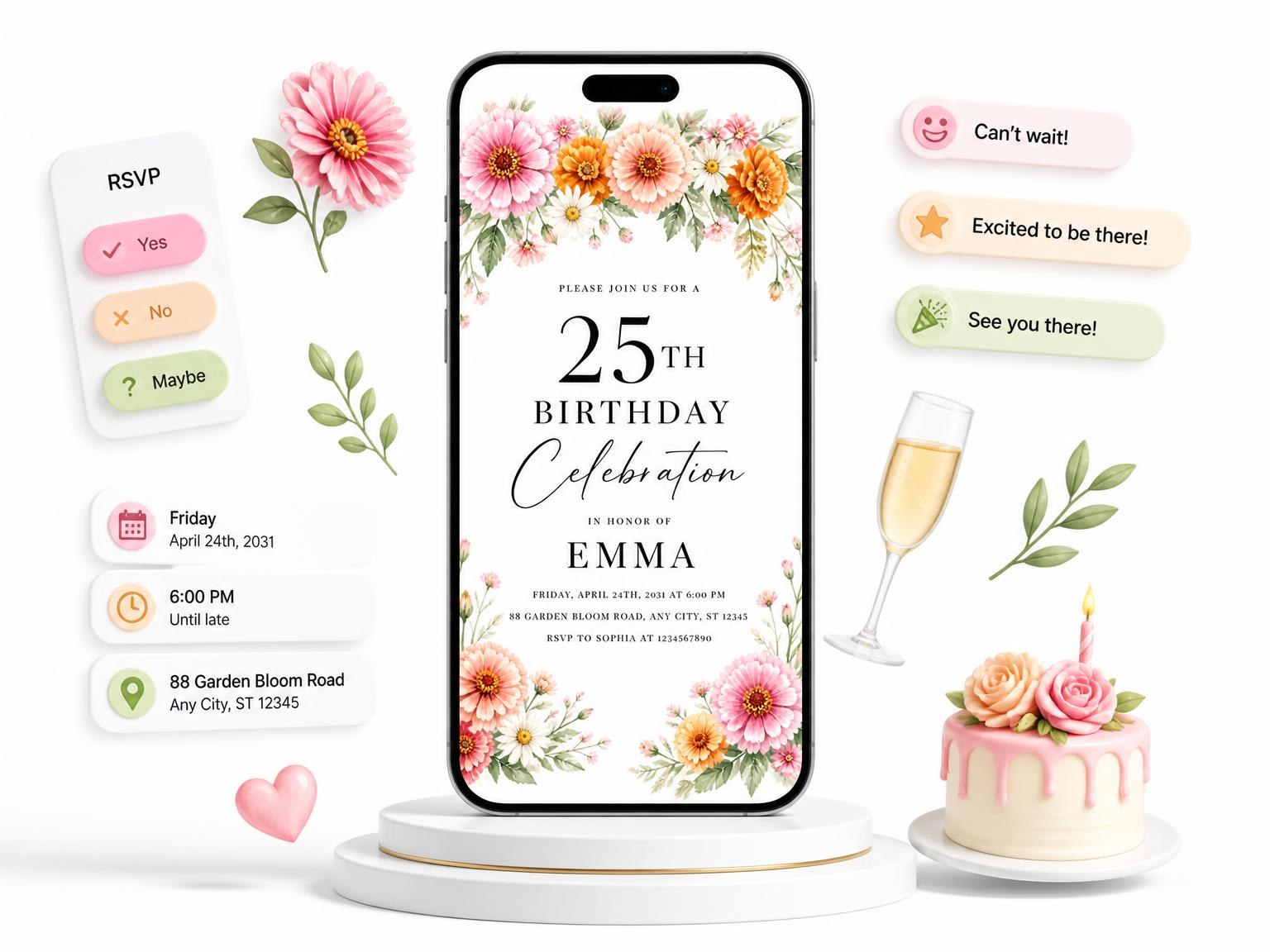 The Zinnias Blush 25th Birthday Invitation invitation on a phone, with guest RSVPs arriving around it