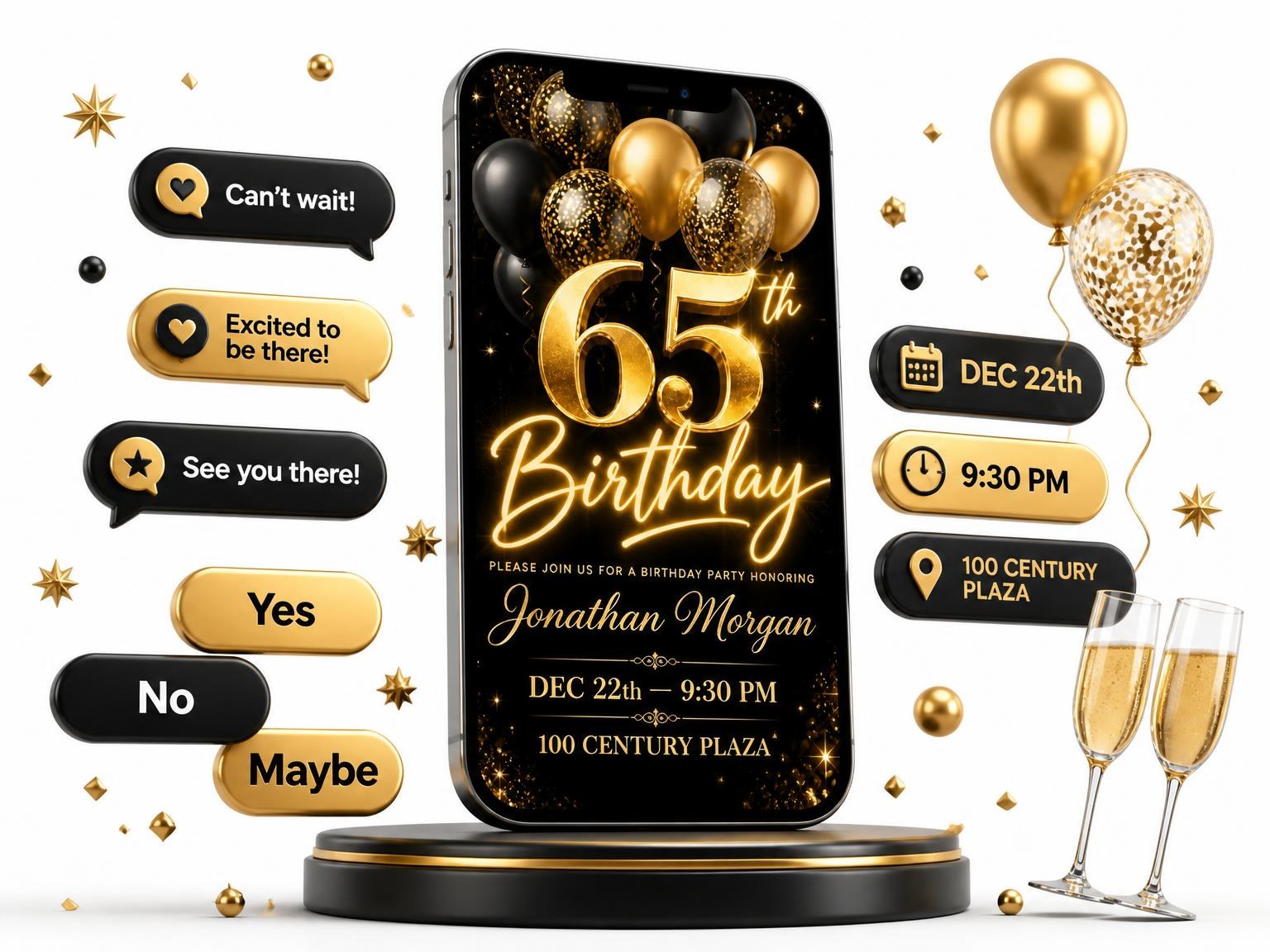 The Black and Gold Balloon 65th Birthday invitation on a phone, with guest RSVPs arriving around it