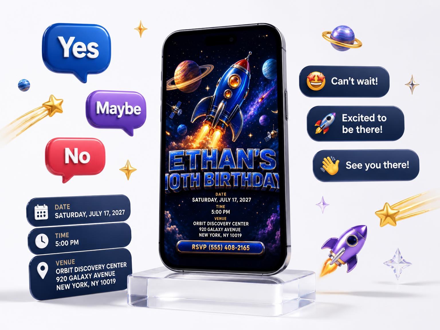 The 3D Rocket Ship Space 10th Birthday invitation on a phone, with guest RSVPs arriving around it