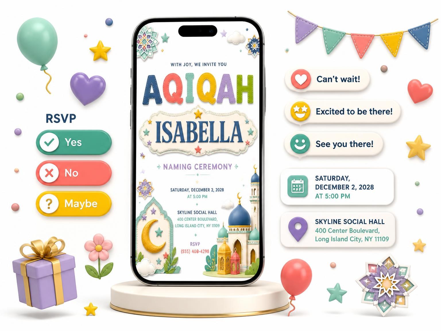 The Mosque Lanterns Aqiqah Invitation invitation on a phone, with guest RSVPs arriving around it