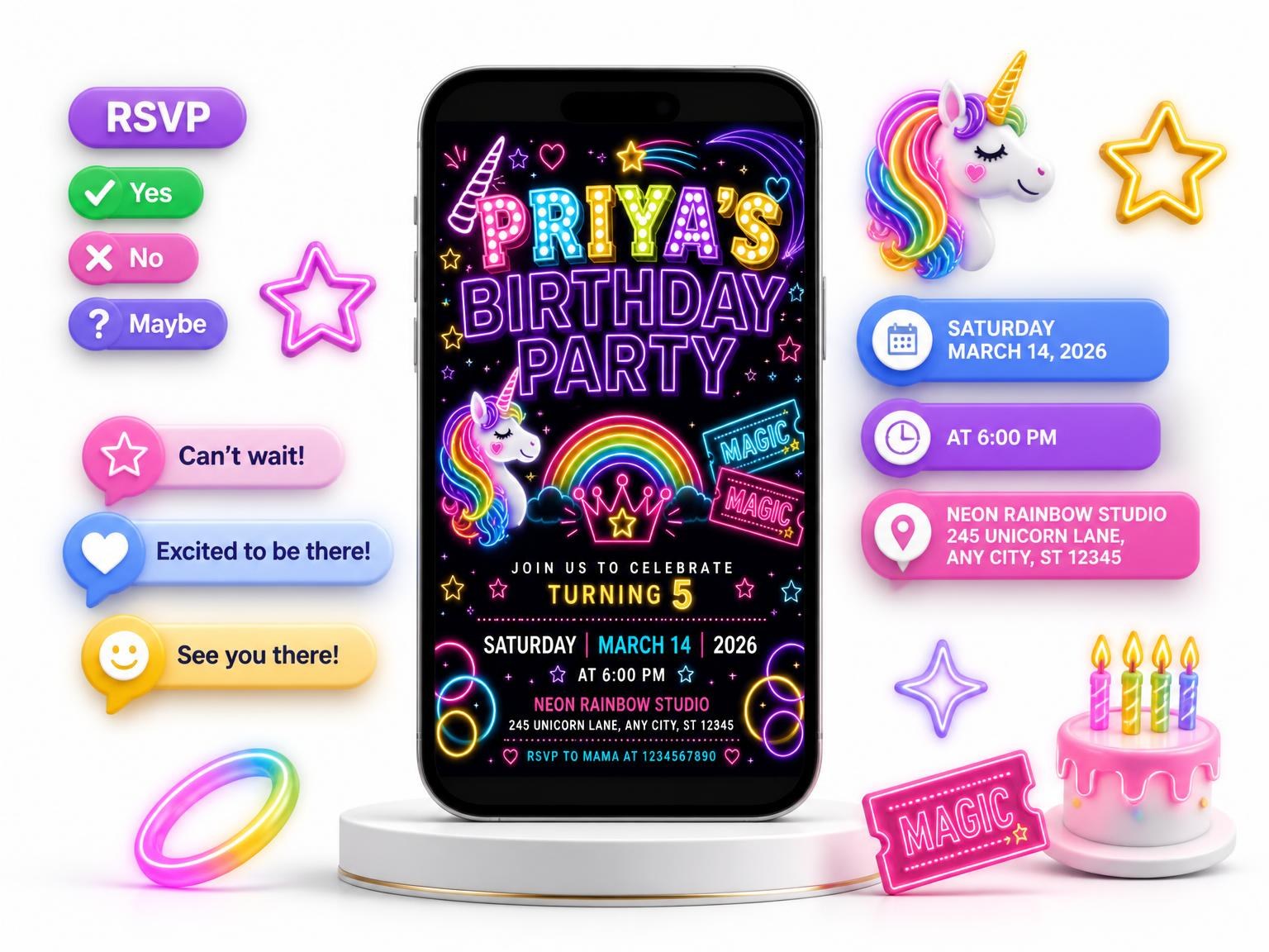 The Neon Unicorn 5th Birthday Invitation invitation on a phone, with guest RSVPs arriving around it