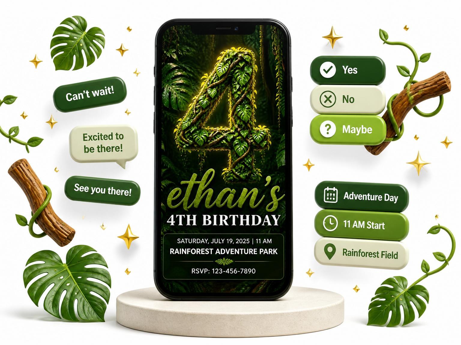 The Vine-Covered Number 4th Birthday invitation on a phone, with guest RSVPs arriving around it